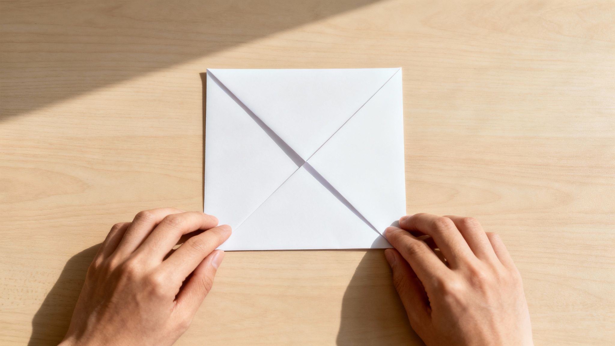 Deux mains pliant une feuille de papier carré blanc avec des plis diagonaux sur une table en bois.