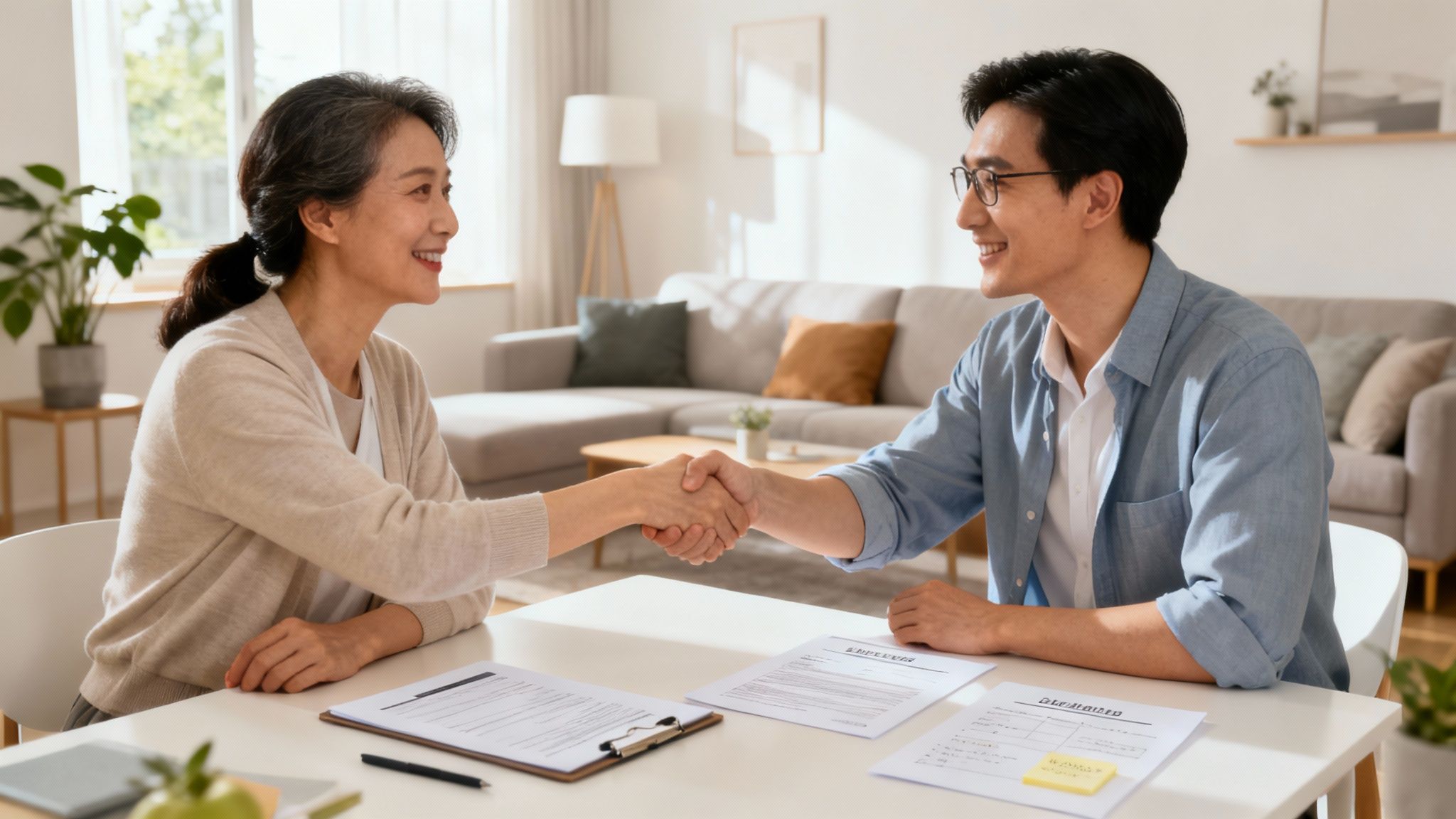 Une entrevue entre des parents et un tuteur potentiel dans un salon confortable.