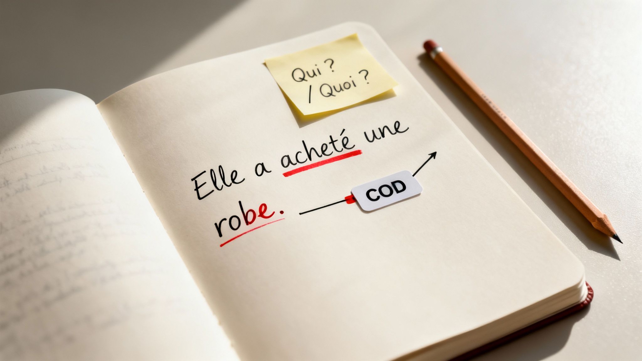 Cahier ouvert expliquant l'accord du participe passé en français avec l'exemple « Elle a acheté une robe ».