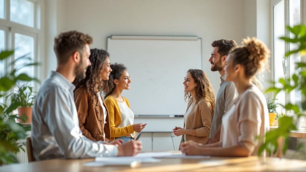 Un tuteur souriant montre des notes sur une tablette à un adolescent attentif dans un café.
