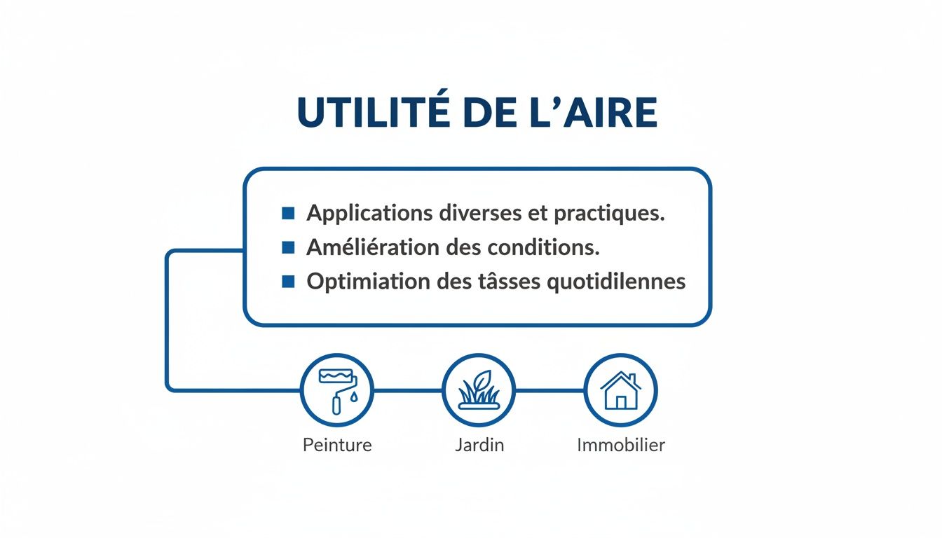 Infographie sur l'utilité de l'air, montrant diverses applications pratiques en peinture, jardin et immobilier.