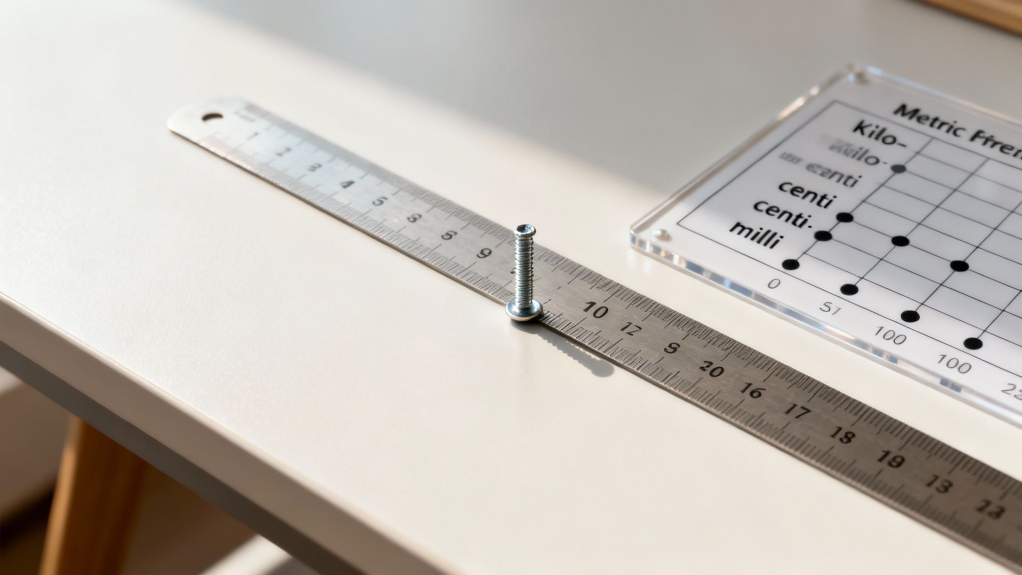Règle métallique et vis sur une table blanche, avec un tableau de conversion métrique pour l'éducation.