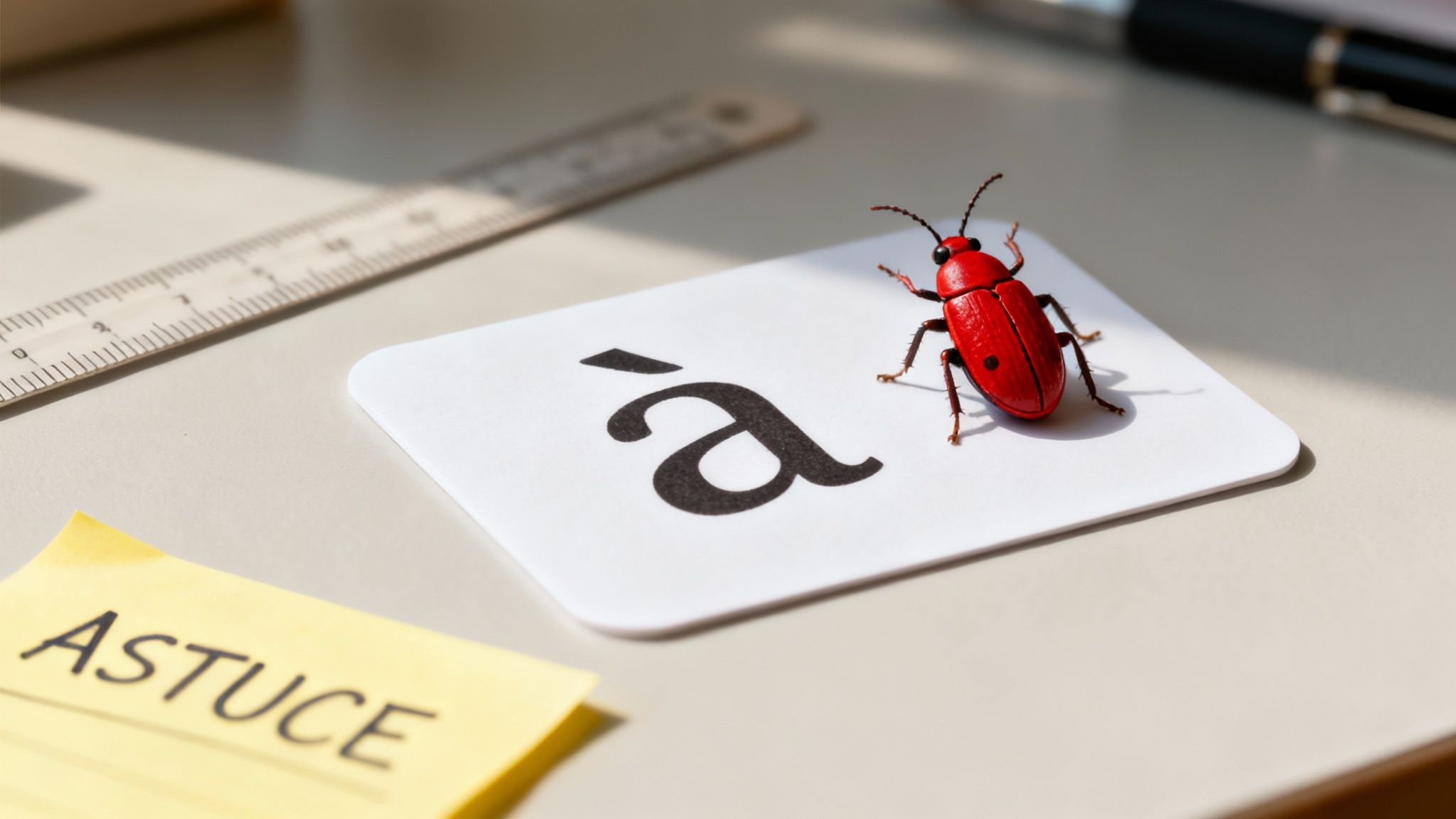 Une coccinelle rouge sur une carte montrant le caractère 'à', avec une note 'ASTUCE' et une règle.
