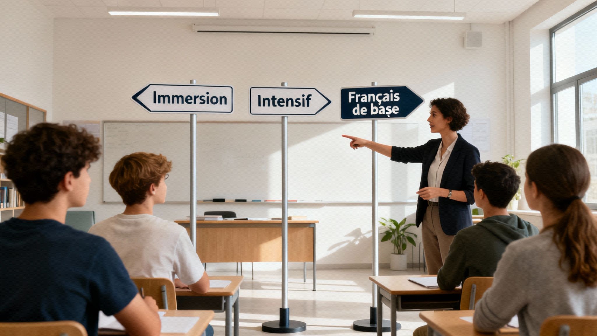 Une salle de classe lumineuse avec des élèves engagés dans une discussion de groupe