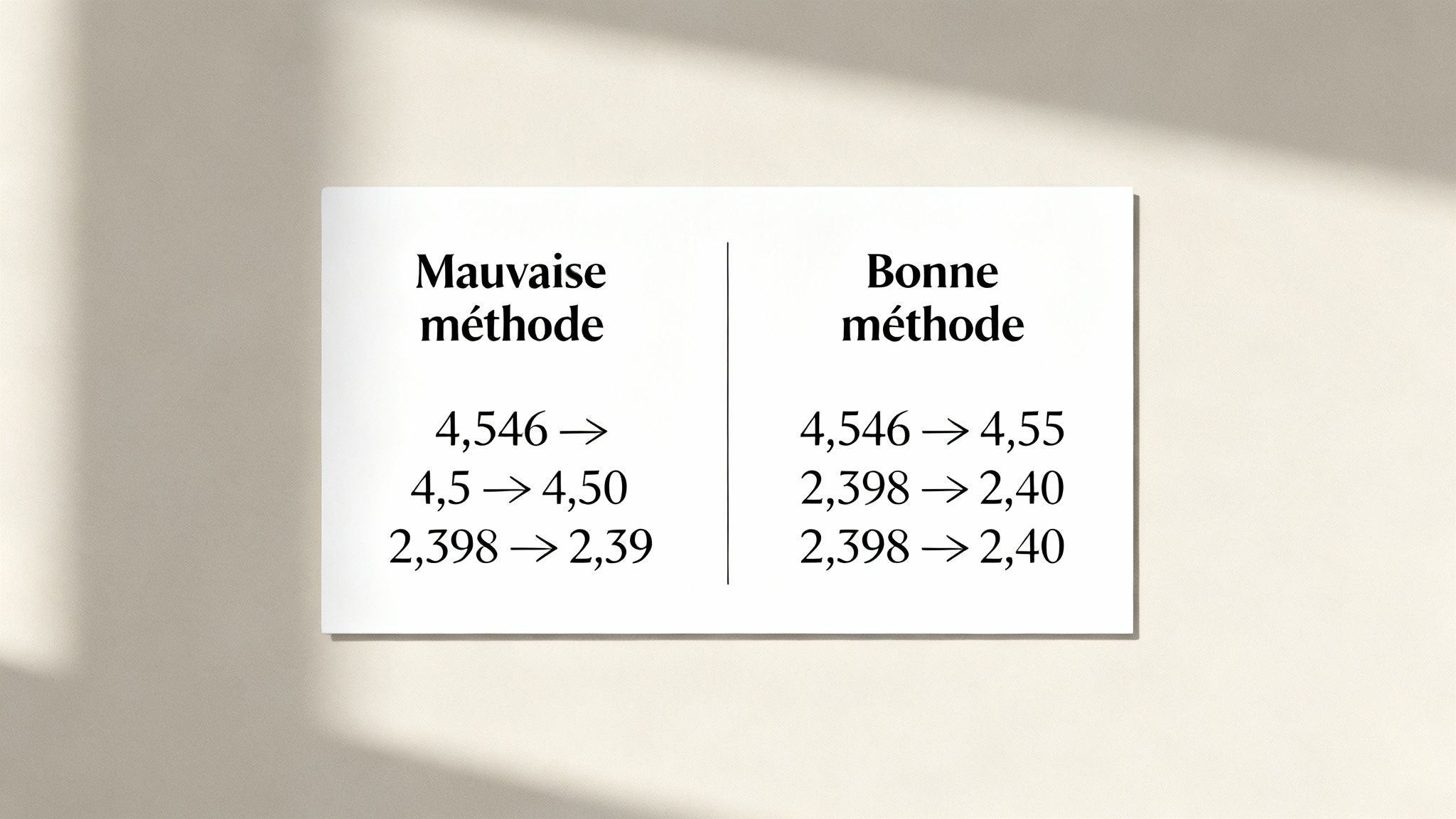 Comparaison visuelle des méthodes correctes et incorrectes pour arrondir des nombres décimaux au centième.