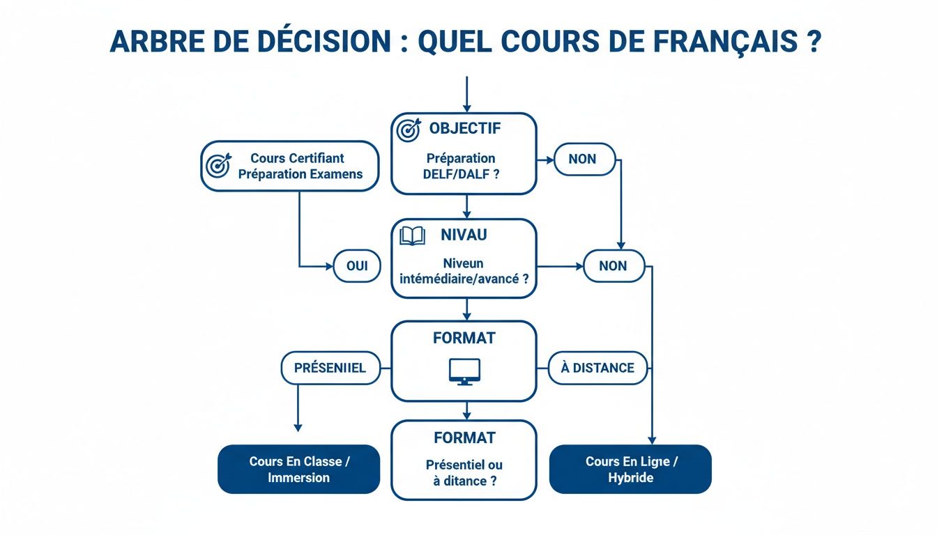 Arbre de décision illustrant le choix d'un cours de français selon l'objectif, le niveau et le format.