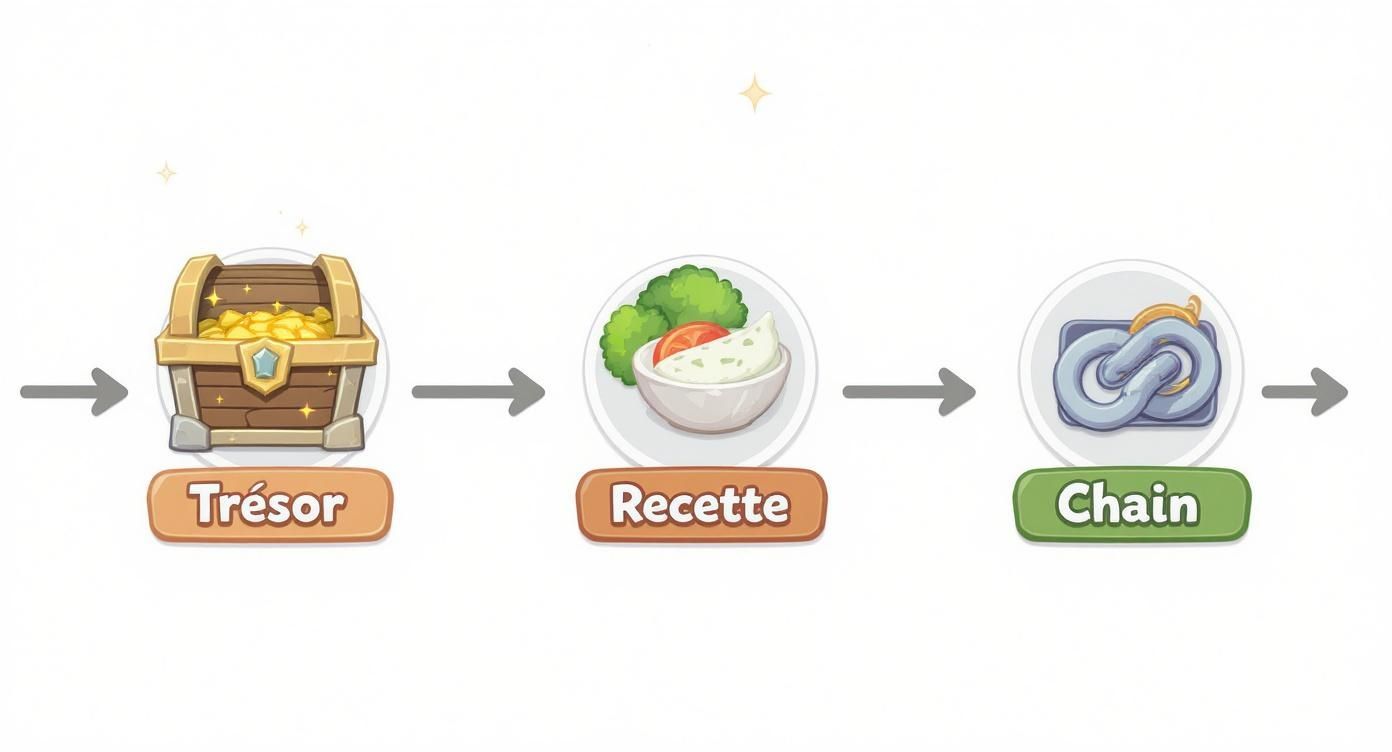 Une série d'images montrant une progression de coffre au trésor à une recette de nourriture, puis à un maillon de chaîne.