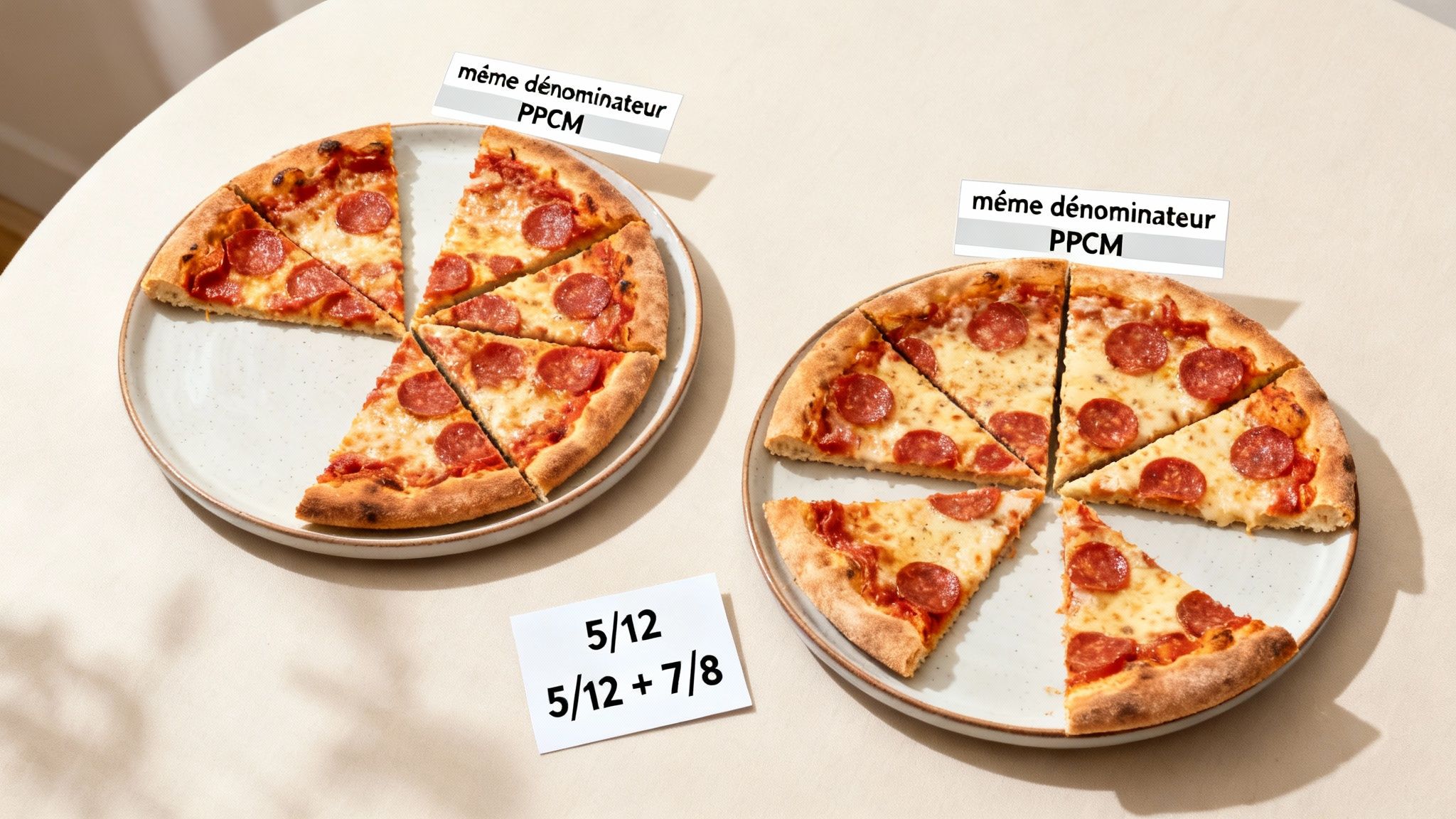 Deux pizzas au pepperoni sur des assiettes, illustrant l'addition de fractions avec des étiquettes PPCM.