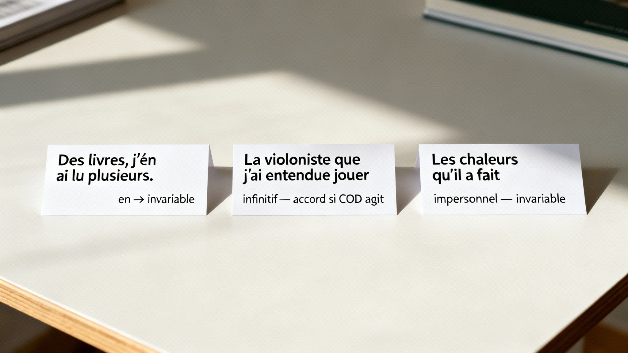 Trois cartes blanches illustrant des règles de grammaire française sur les accords du participe passé.