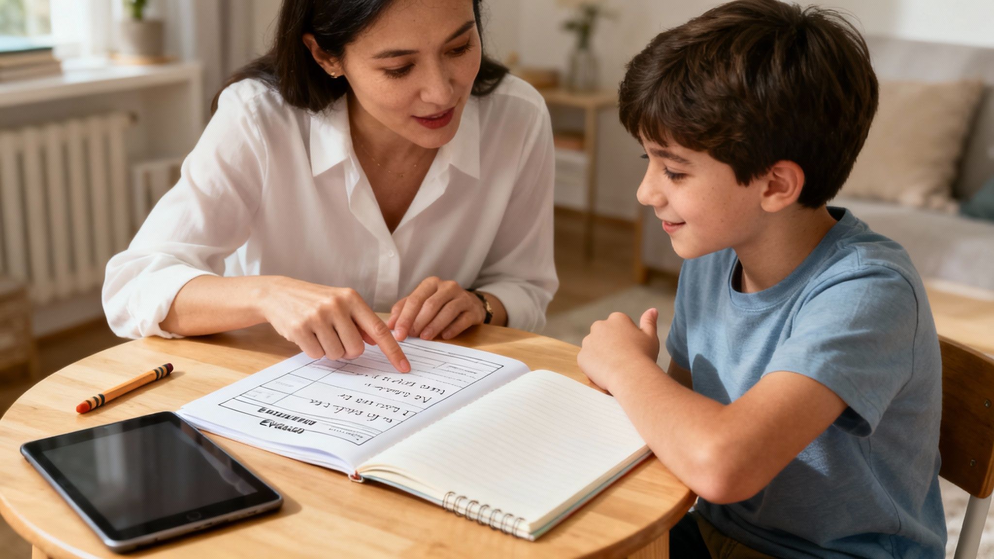 Tutrice aidant un jeune élève avec ses devoirs scolaires à la maison à Montréal