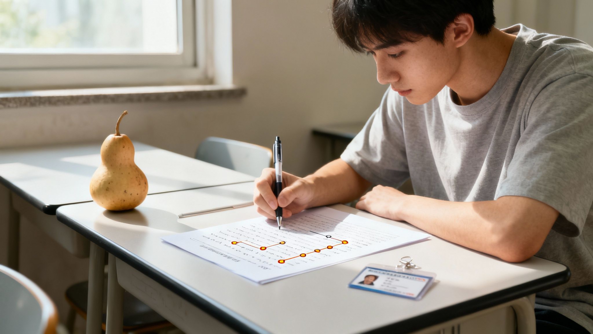 Jeune étudiant concentré écrivant sur une feuille d'examen dans une salle de classe. Une poire est sur la table.