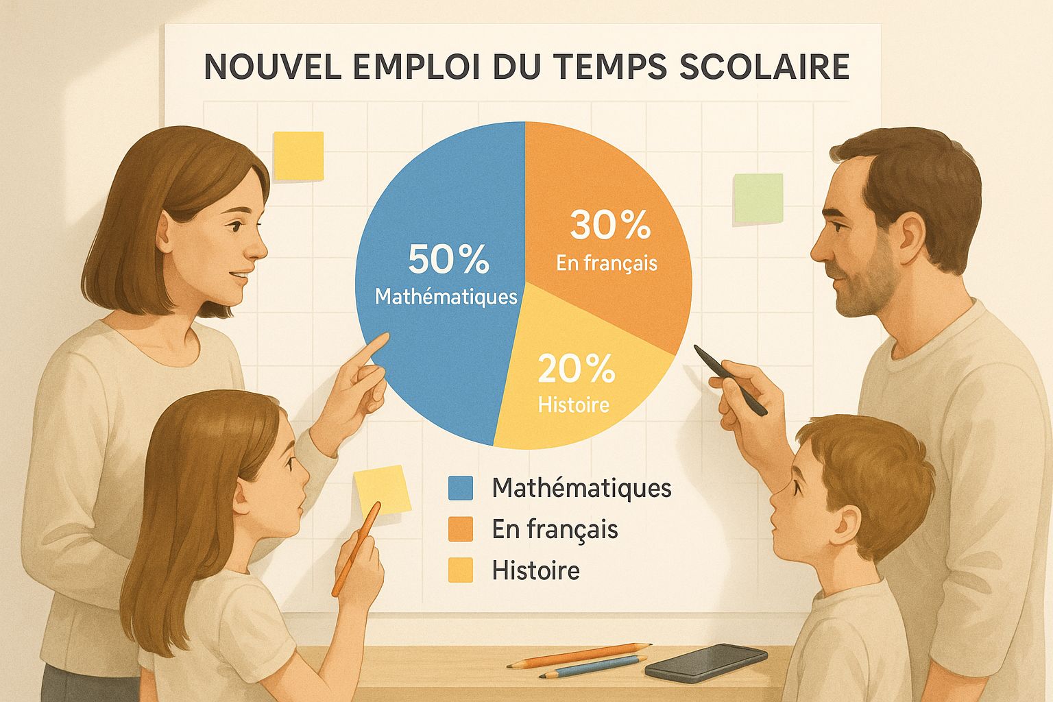 Une famille réunie autour d'un grand calendrier mural pour planifier le nouvel emploi du temps scolaire, avec post-it colorés, crayons et smartphone posé à côté.