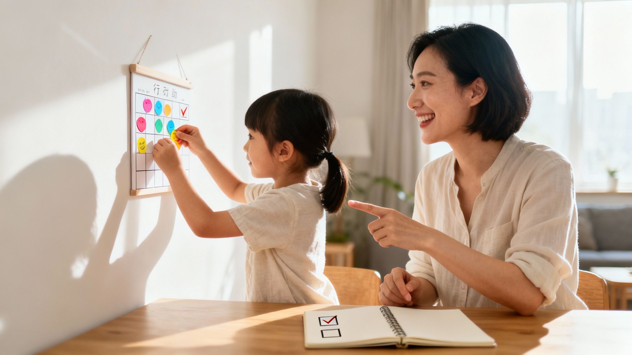 Une mère et sa fille asiatiques collent des autocollants sur un tableau de récompenses avec un grand sourire.