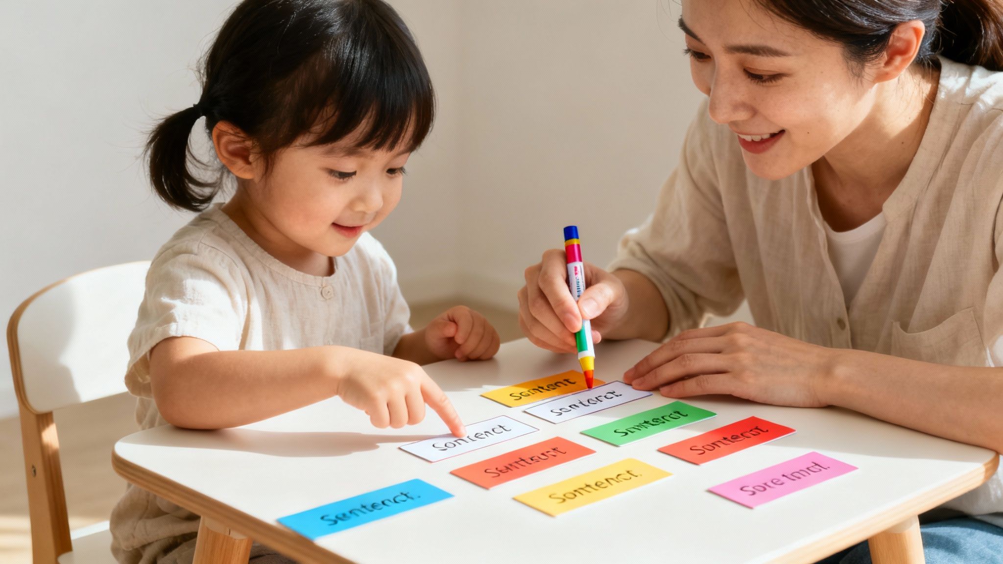 Une femme et une petite fille souriantes s'engagent joyeusement dans une activité d'apprentissage avec des cartes de mots colorées.