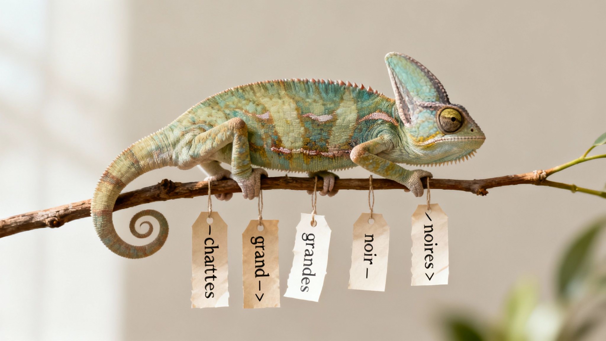 Un caméléon coloré sur une branche, avec des étiquettes suspendues montrant des mots français liés à l'accord grammatical.