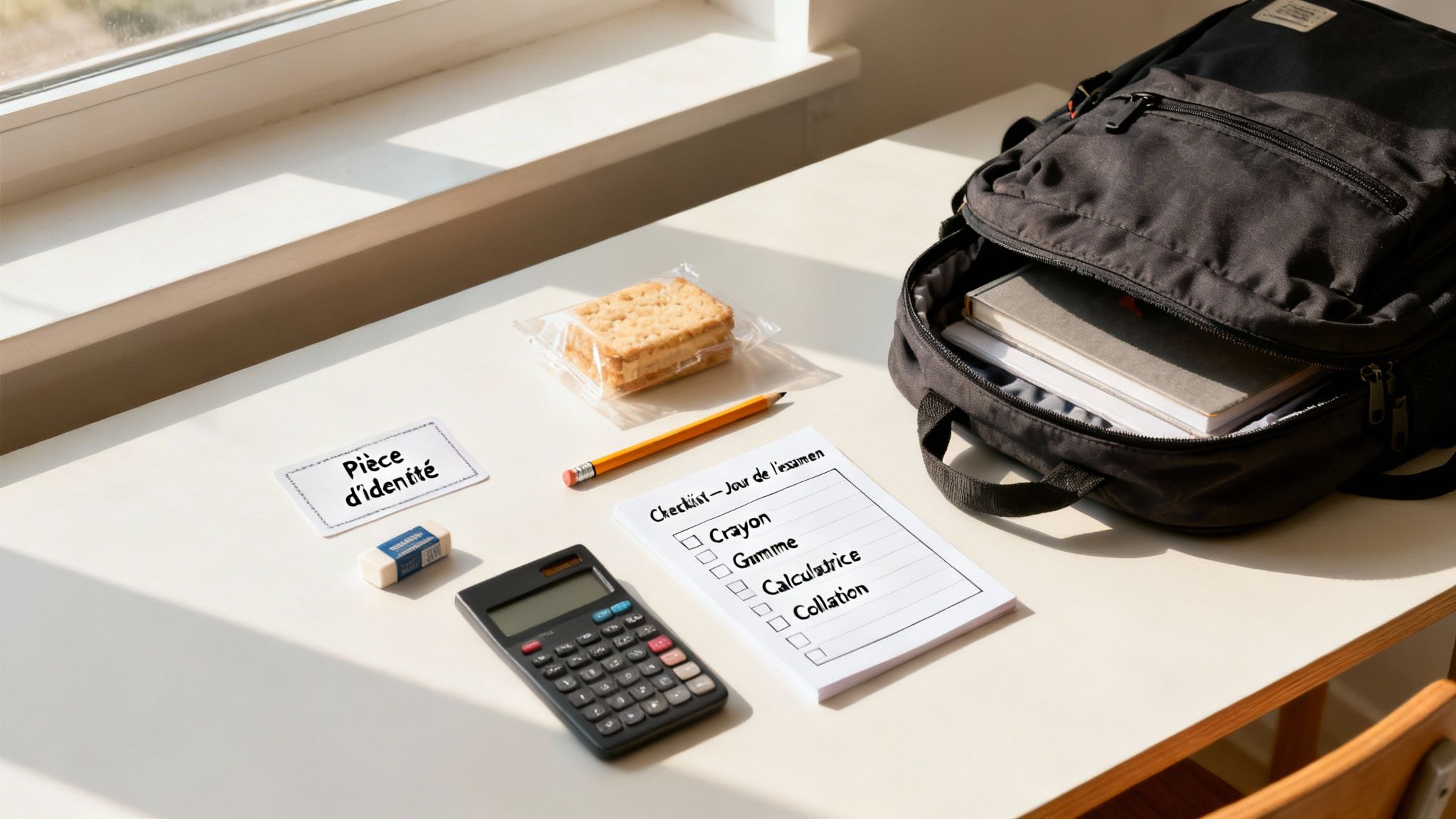 Table d'étudiant avec fournitures pour un examen : checklist, calculatrice, crayon, gomme, pièce d'identité, collation et sac à dos.