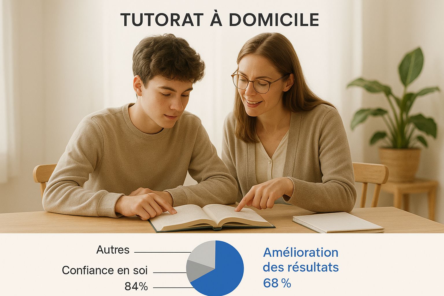 Un élève concentré à son bureau avec un tuteur amical à ses côtés, révisant un manuel scolaire ensemble.