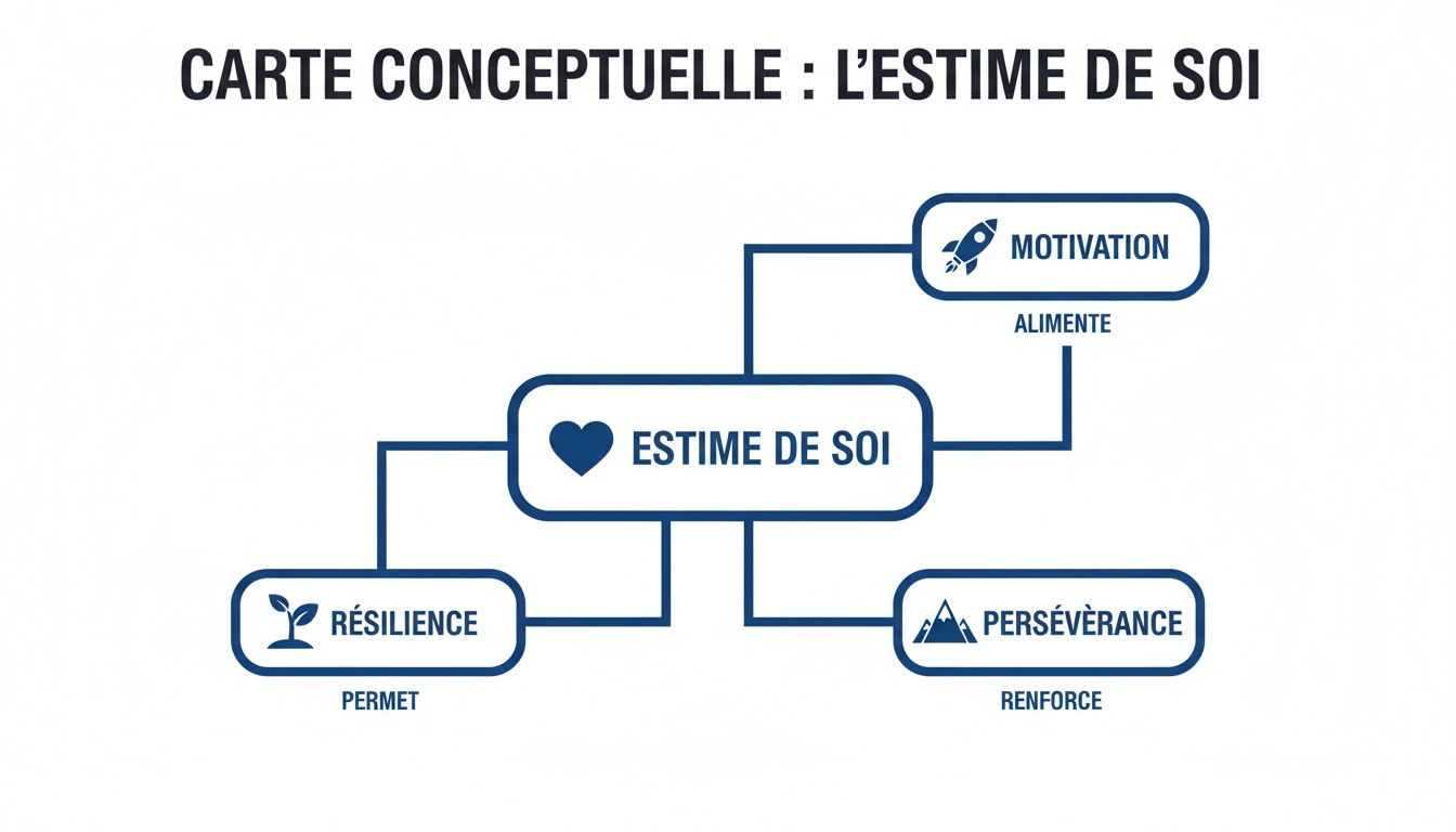 Carte conceptuelle en français montrant l'estime de soi, la résilience, la motivation et la persévérance. Elle représente leurs interconnexions.