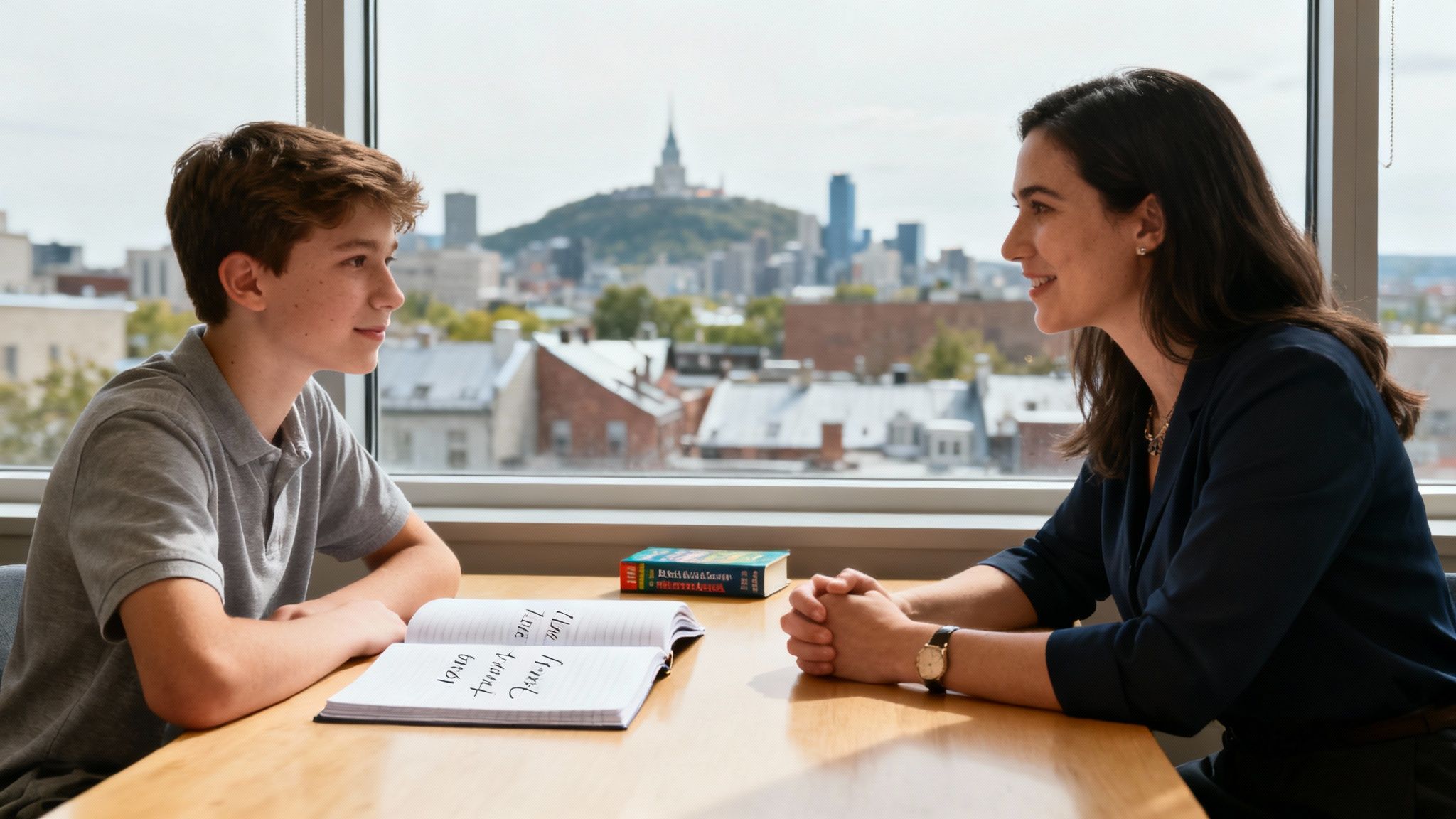 Une jeune étudiante souriante travaillant avec son tuteur à une table.
