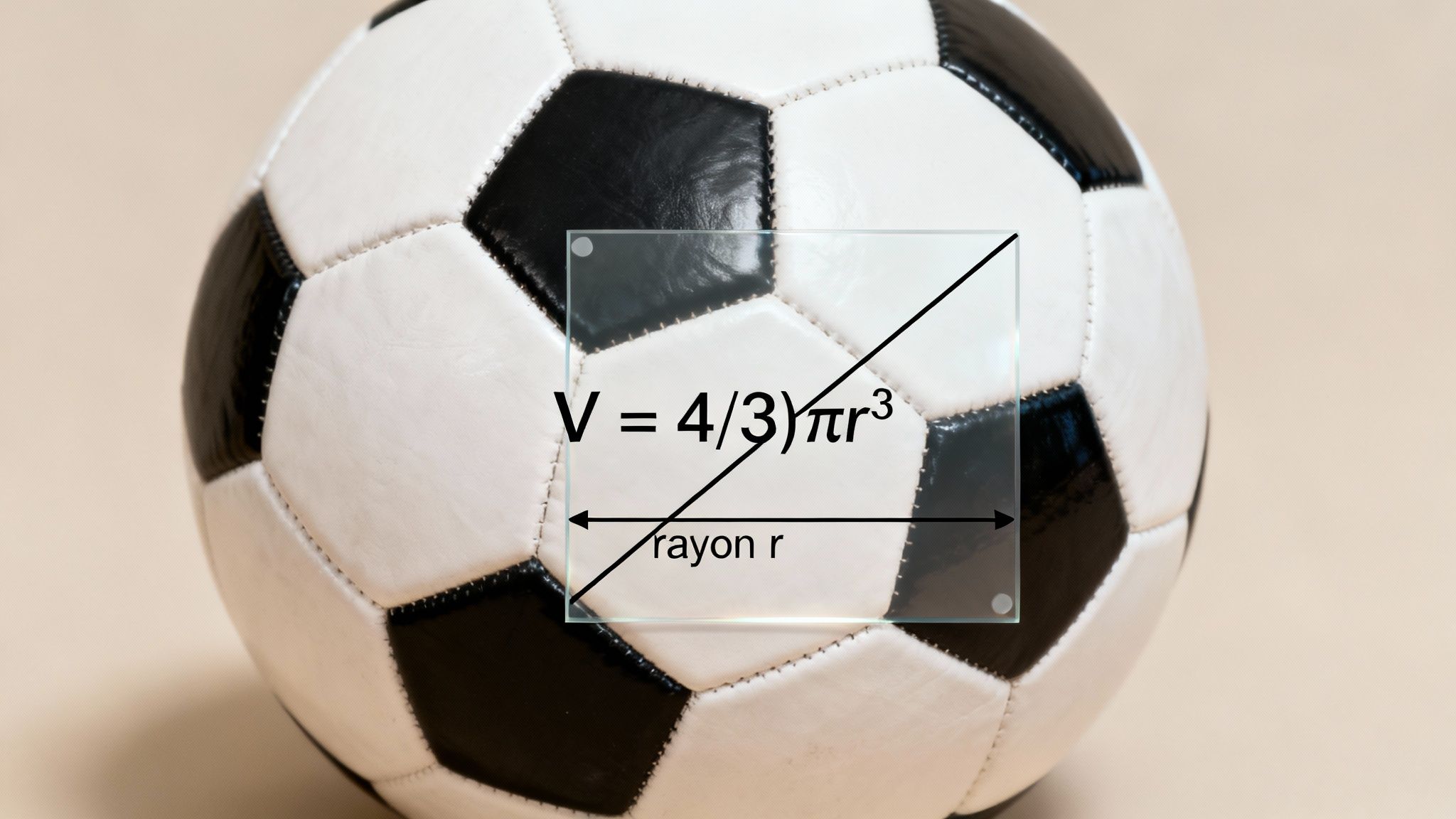 Un ballon de football noir et blanc avec la formule mathématique du volume d'une sphère et son rayon.