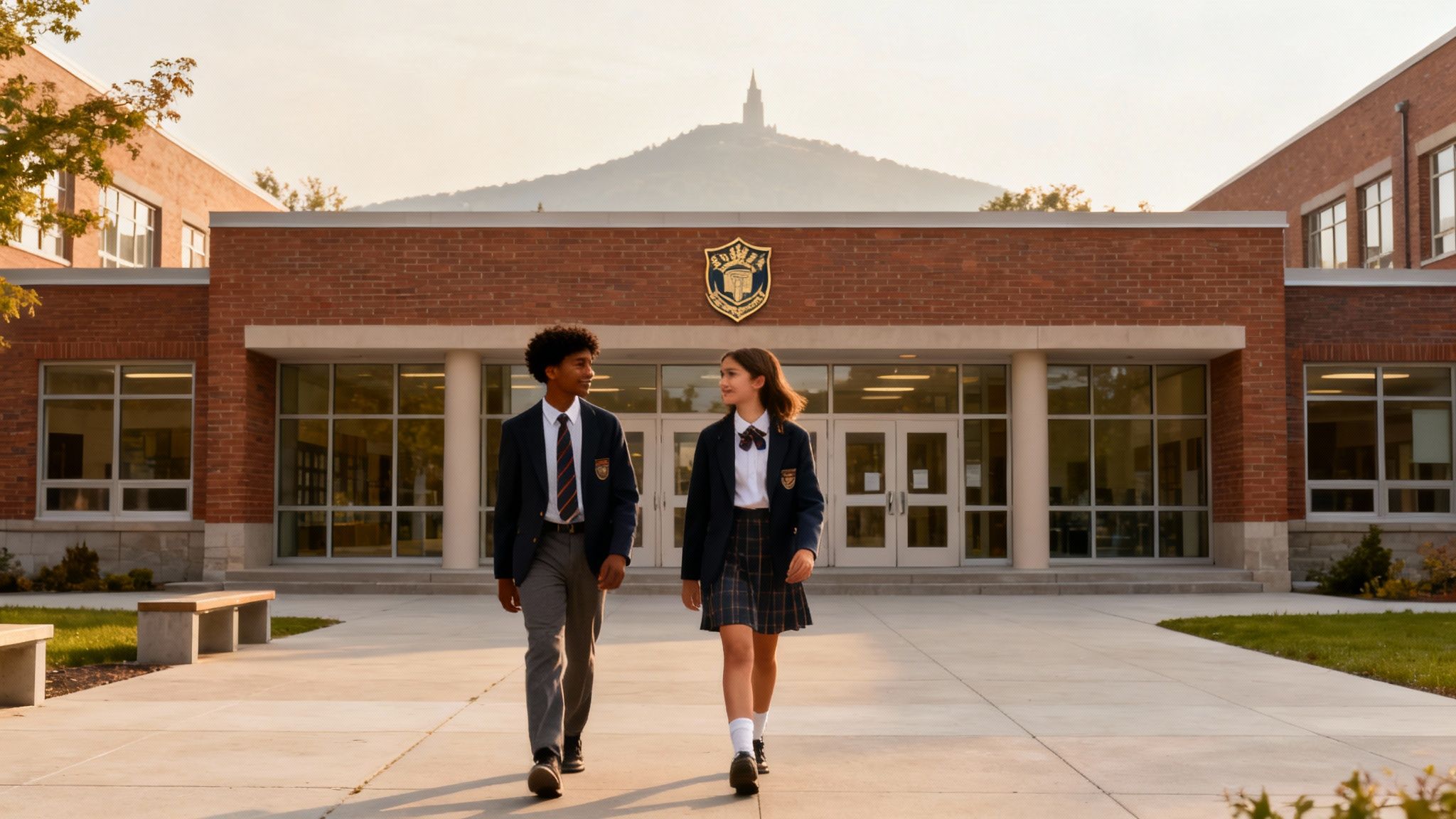 Jeunes élèves souriants travaillant ensemble dans une salle de classe moderne d'une école secondaire privée à Montréal.