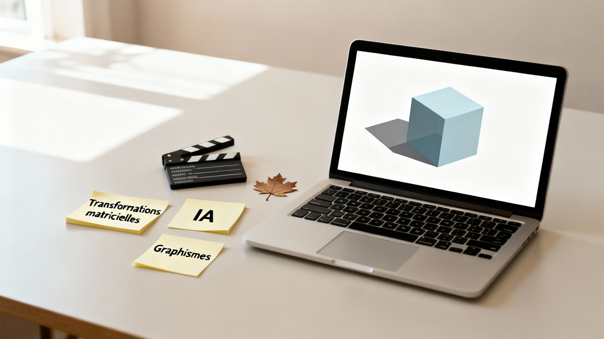 Bureau avec ordinateur portable affichant un cube 3D, notes sur IA, transformations matricielles et graphismes, et claquette de film.