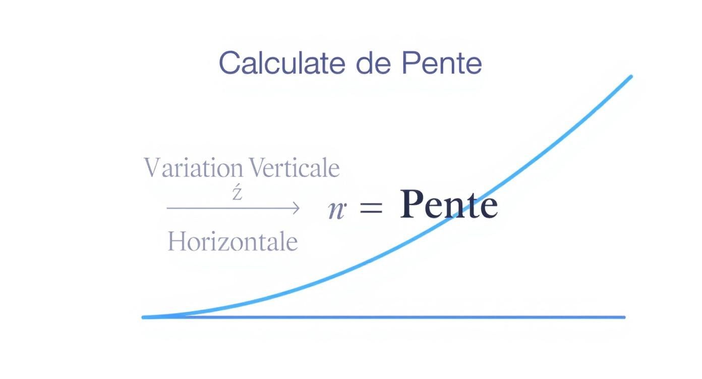 Illustration montrant le calcul de la pente d'une courbe, avec la formule de variation verticale sur horizontale.