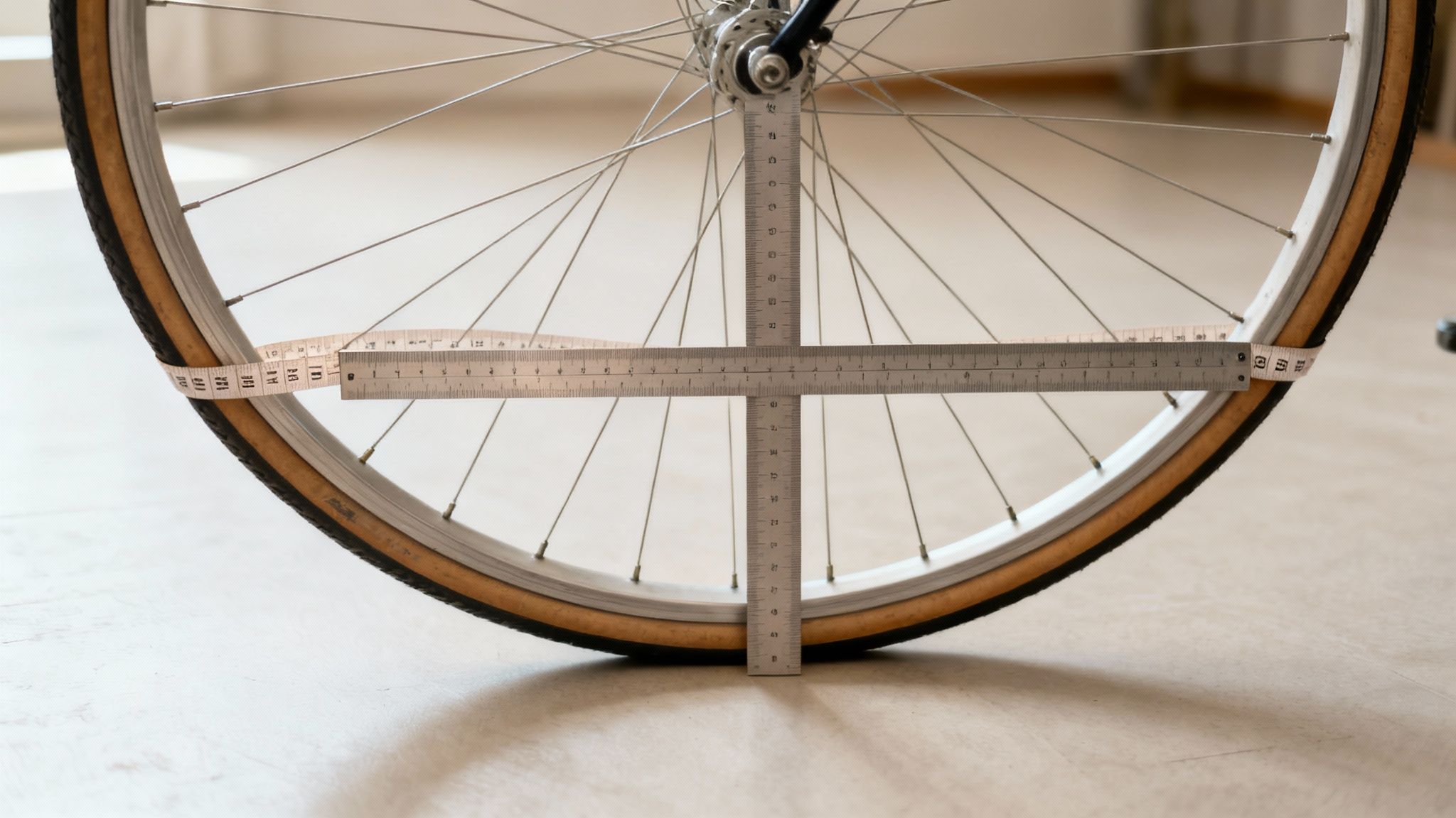 Mesure d'une roue de vélo avec des règles et un ruban à mesurer pour déterminer sa circonférence.