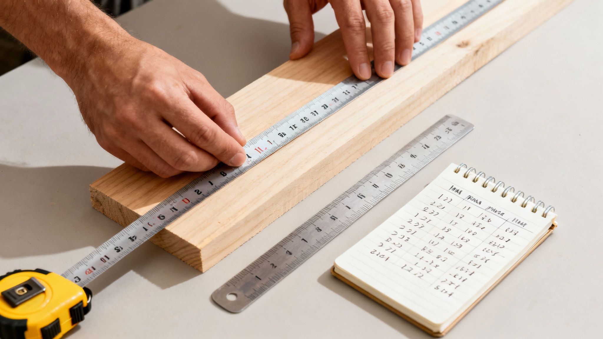 Personne mesurant une planche en bois avec une règle, des outils de menuiserie et un carnet de notes.