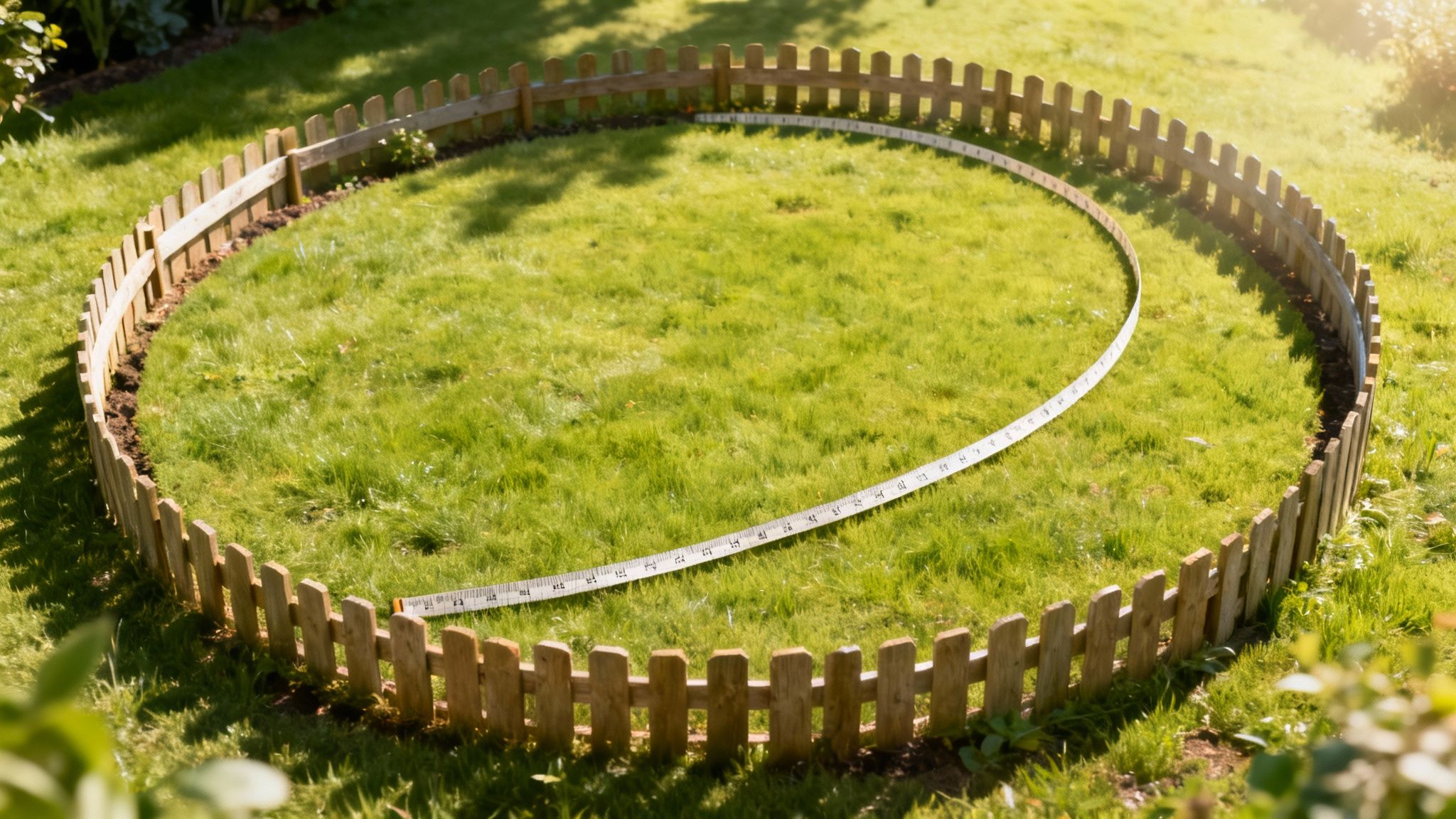 Une clôture circulaire en bois dans un jardin herbeux, avec un mètre ruban délimitant le périmètre.