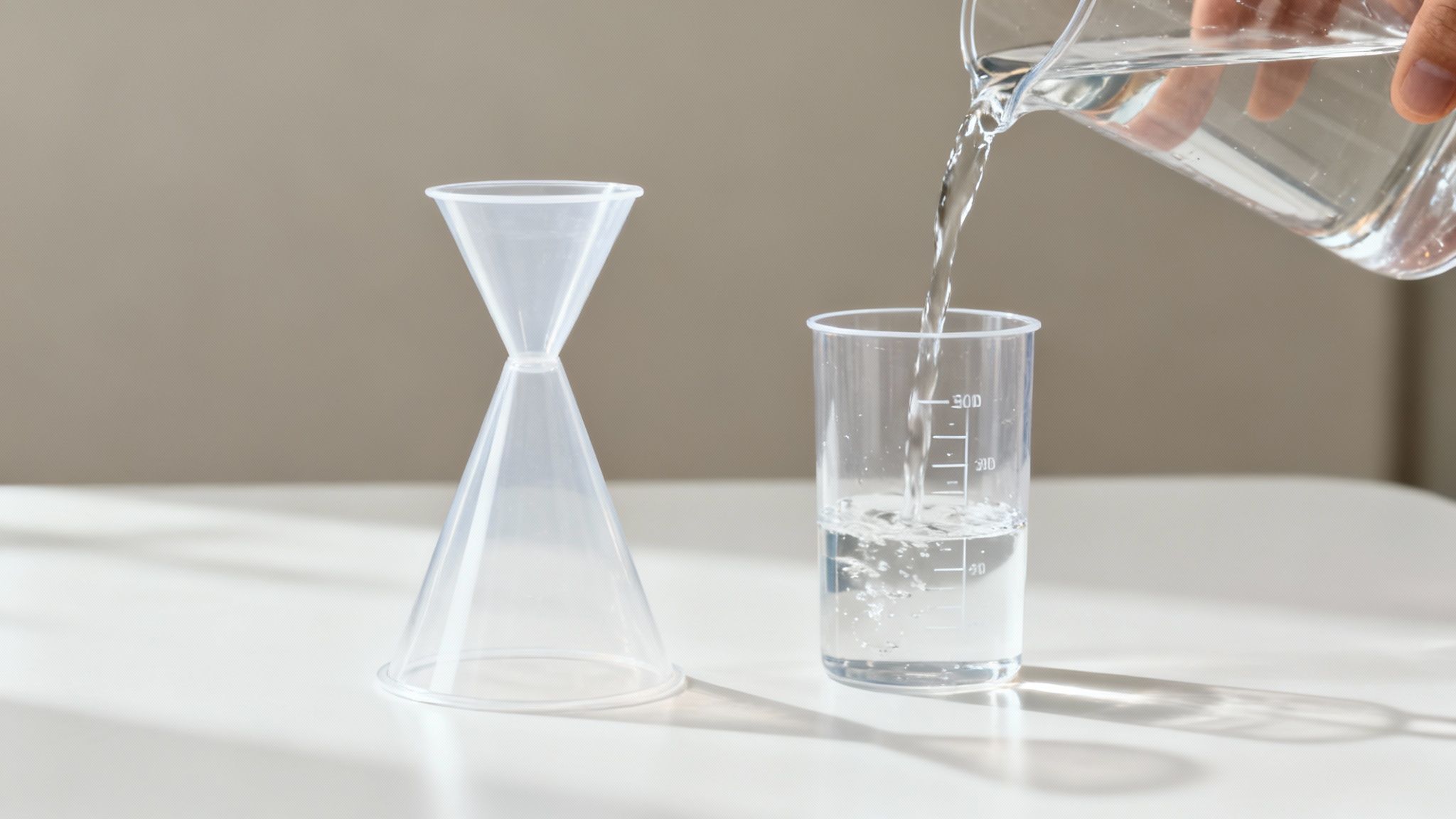 Une main verse de l'eau d'une carafe dans un bécher gradué, à côté d'un entonnoir double sur une table blanche.