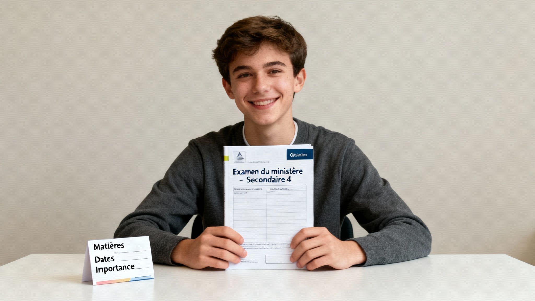Jeune homme souriant tenant un document d'examen du ministère, avec une carte de révision sur la table.