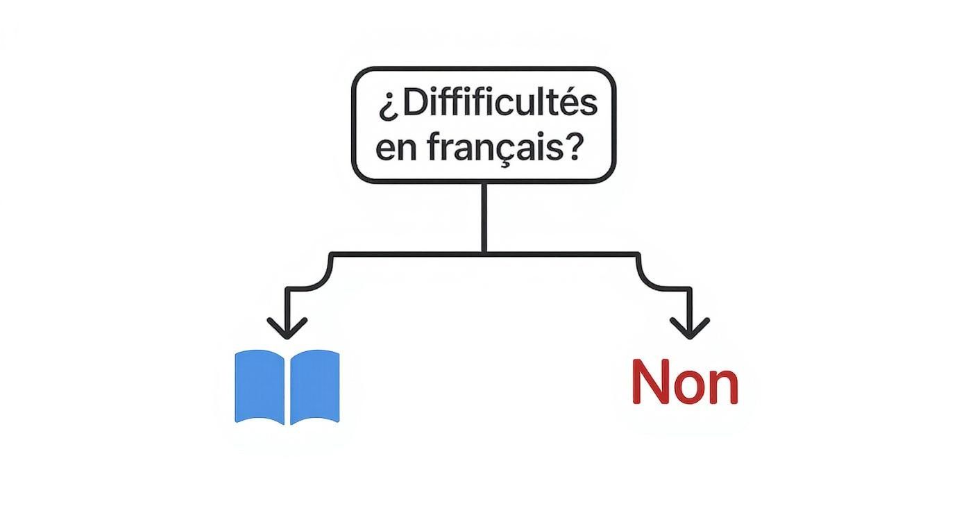 Organigramme présentant deux options pour obtenir de l'aide en français: ressources d'apprentissage ou refuser l'aide