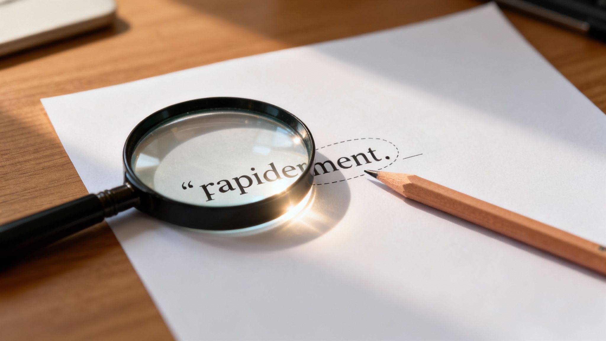 Une loupe agrandit le mot "rapidement" sur un document, avec un crayon à côté, symbolisant la recherche et l'analyse d'adverbes.