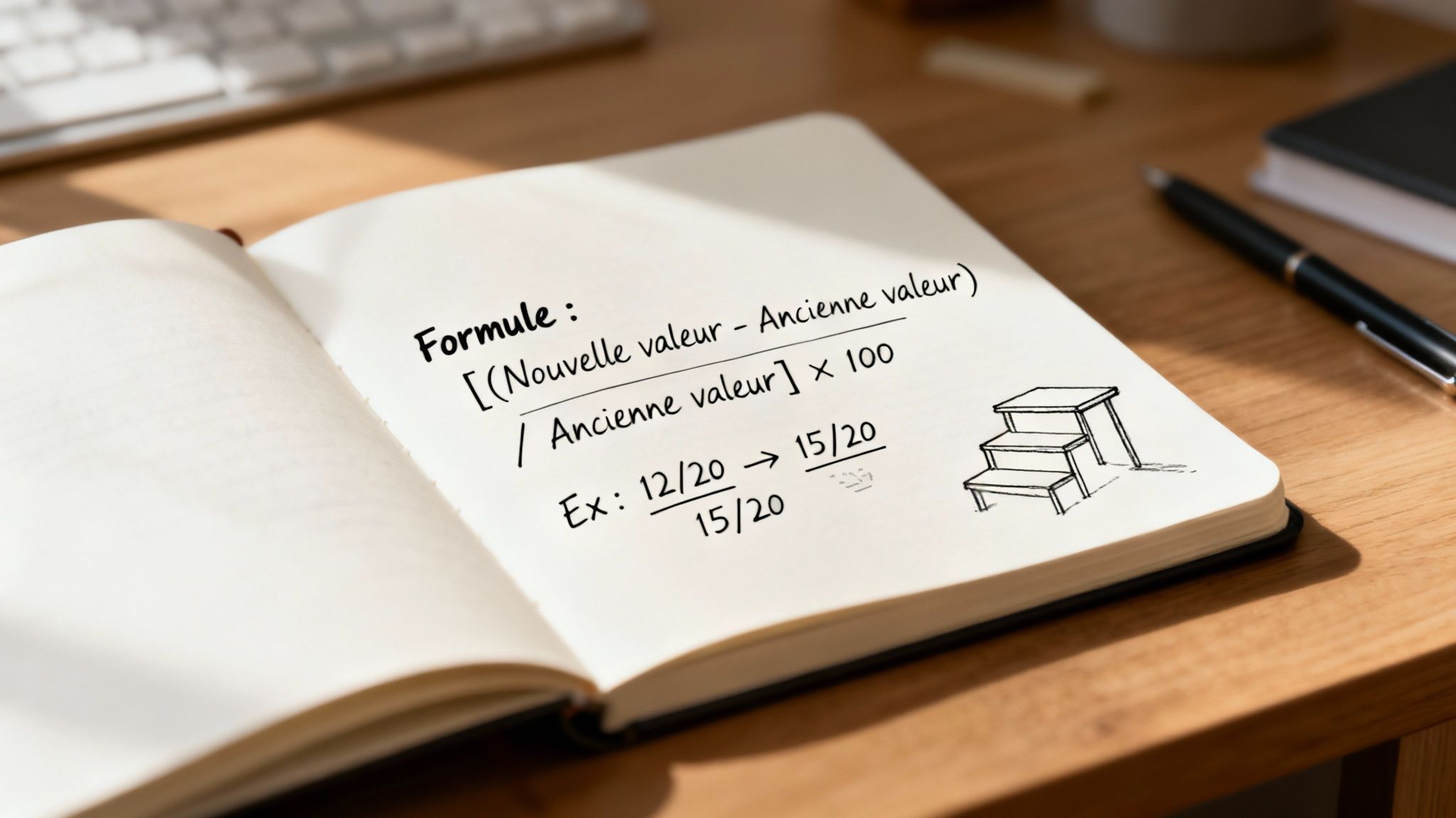 Une formule écrite à la main dans un carnet pour calculer le pourcentage d'augmentation.