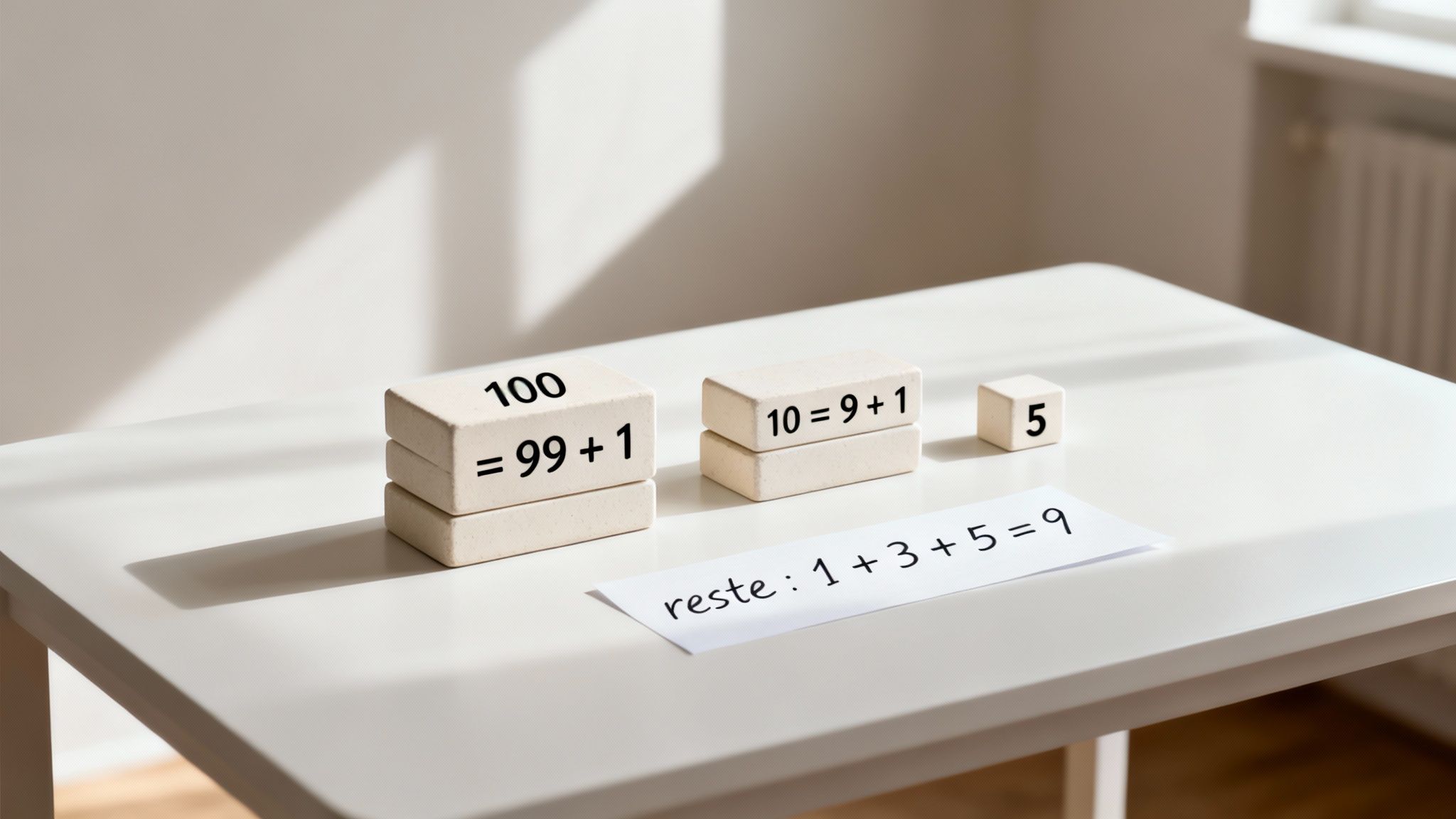 Des blocs en bois et une feuille de papier affichant des équations mathématiques sur une table blanche.