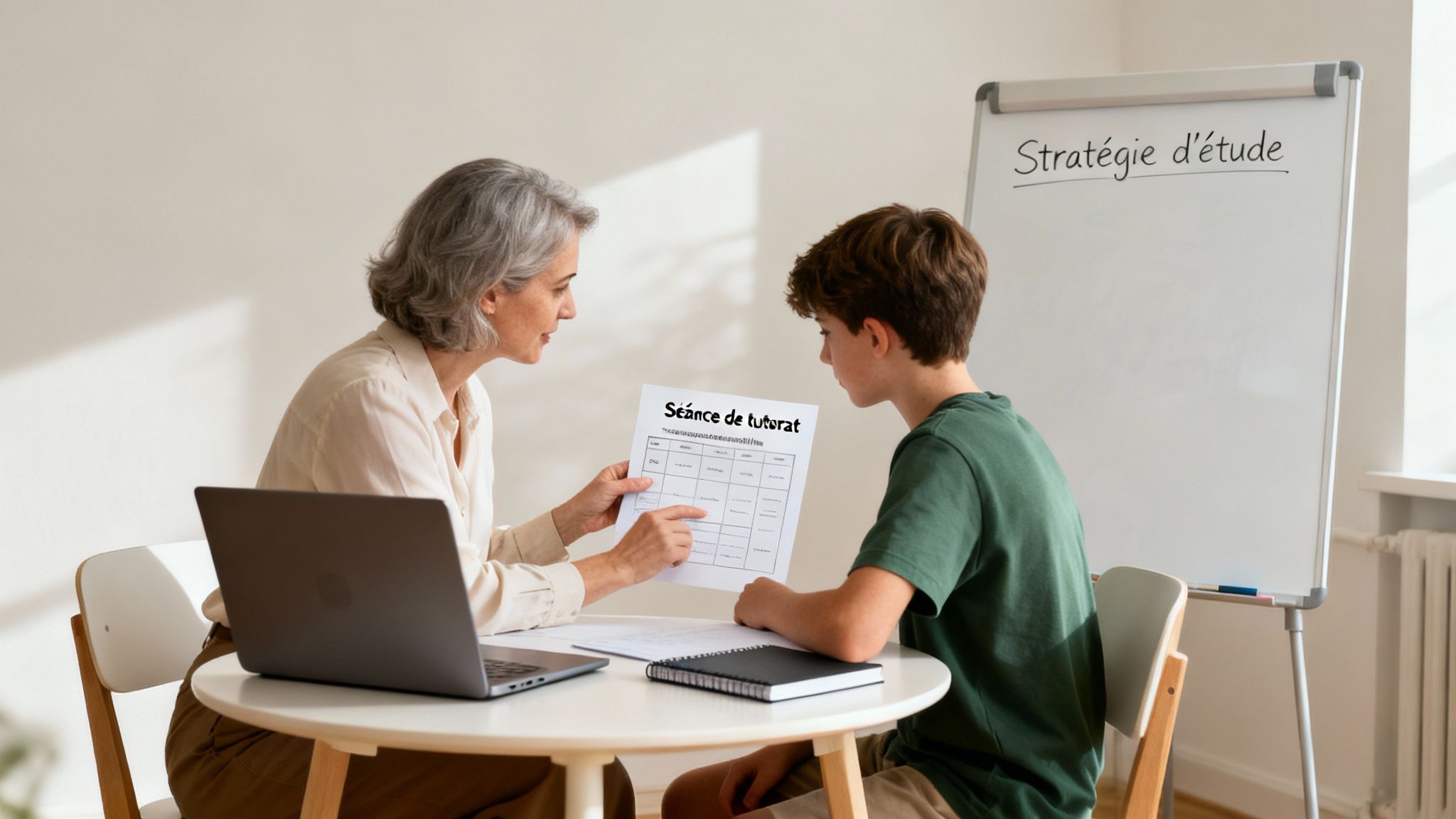 Une femme et un jeune homme discutent d'une feuille de tutorat à une table avec un ordinateur portable.