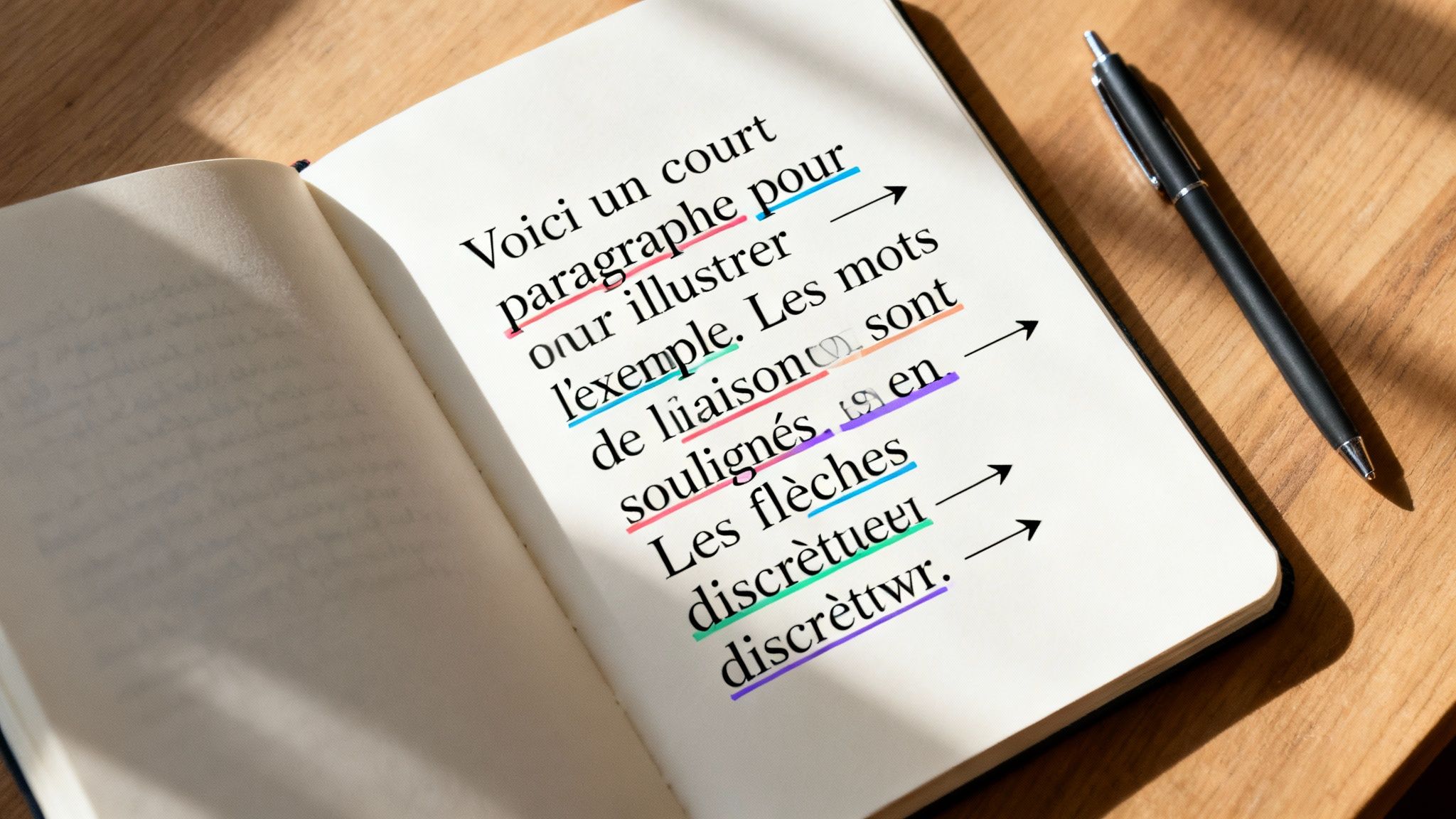 Carnet ouvert sur un bureau en bois, affichant un paragraphe français avec des mots soulignés et des flèches.