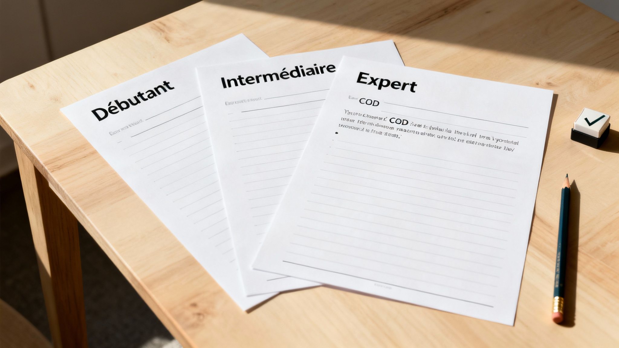 Trois feuilles de papier sur une table en bois, indiquant les niveaux 'Débutant', 'Intermédiaire' et 'Expert'.