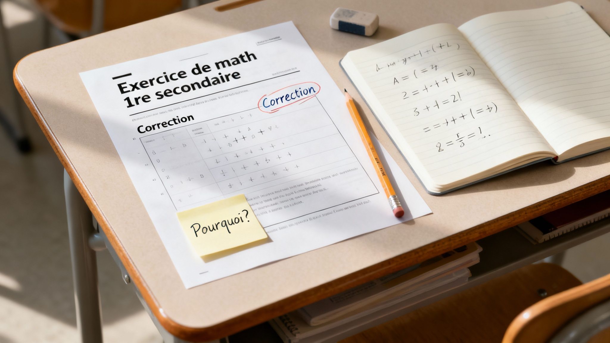 Correction d'un exercice de math 1re secondaire avec une note 'Pourquoi?' sur un pupitre d'école.