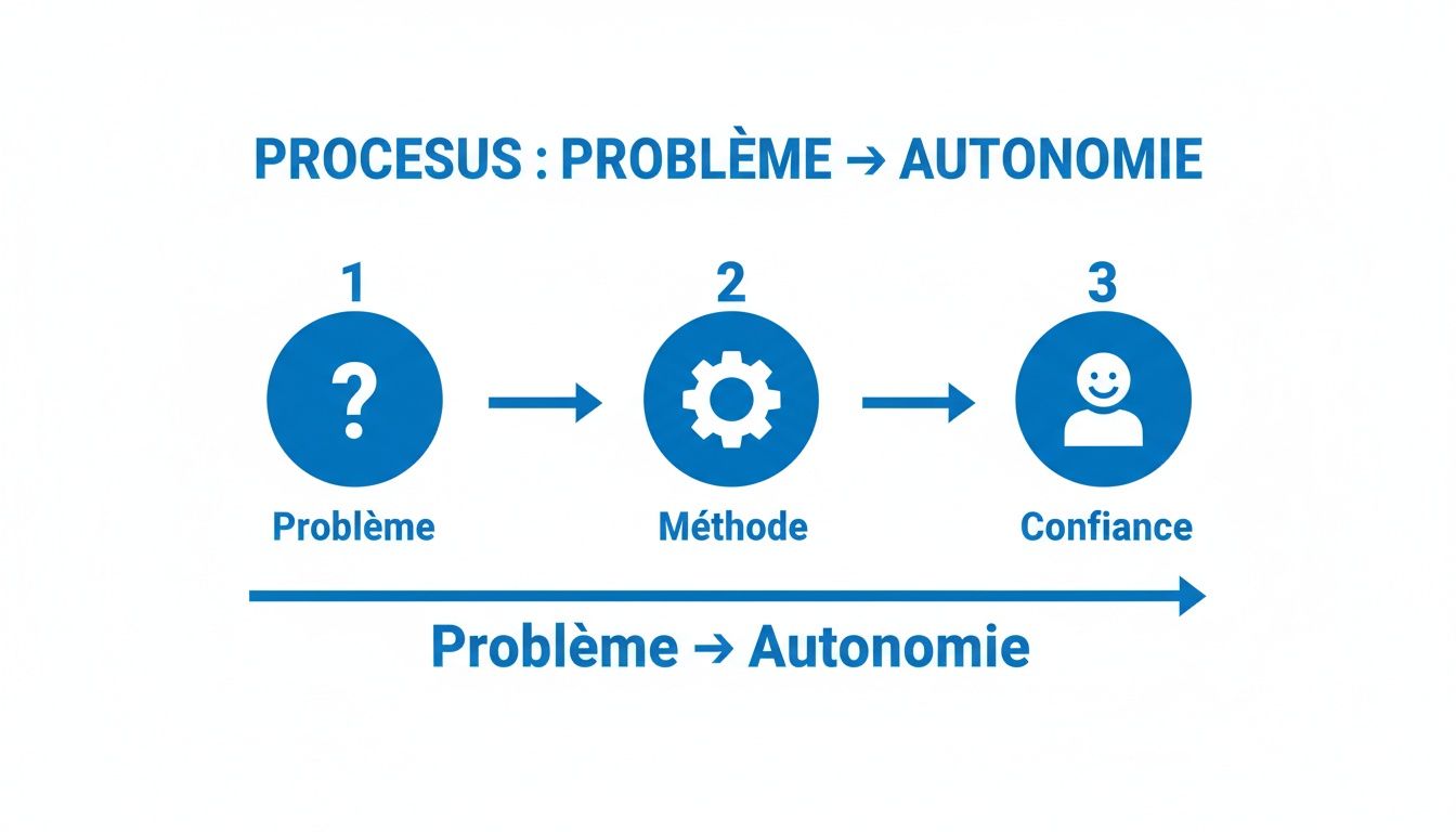 Diagramme illustrant le processus de résolution de problème à l'autonomie, en passant par la méthode et la confiance.