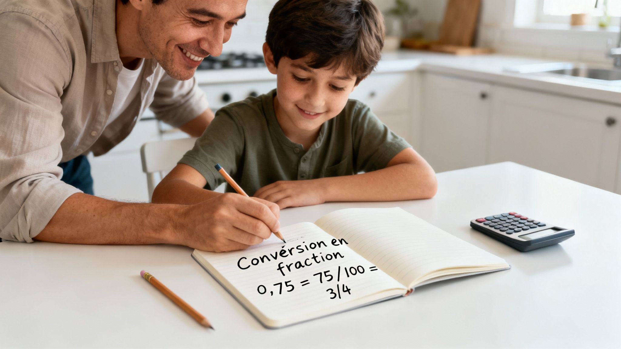 Un père souriant aide son jeune fils à faire ses devoirs de mathématiques sur les fractions.