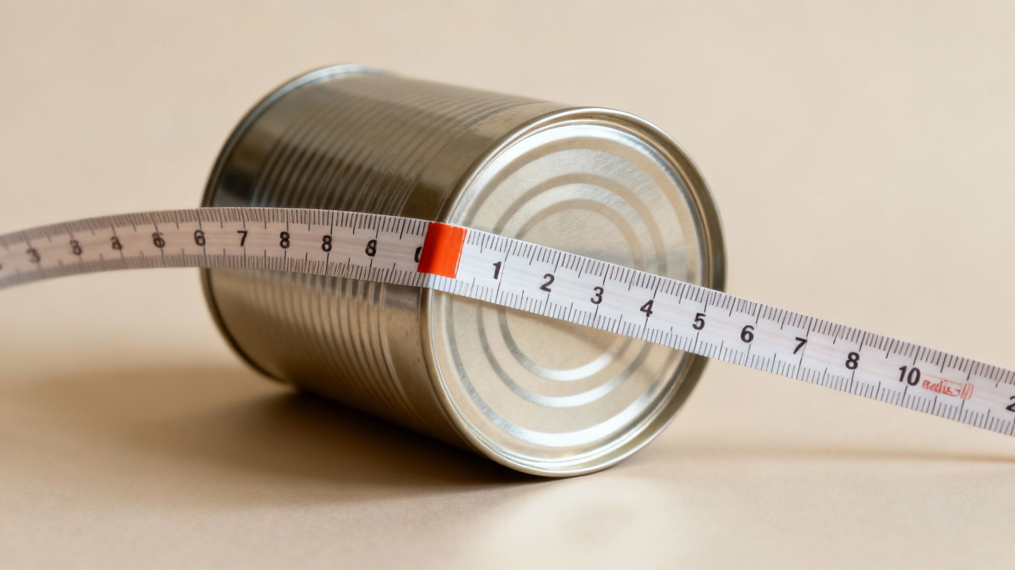 Une gourde en métal de couleur cylindrique posée à côté d'un ruban à mesurer.