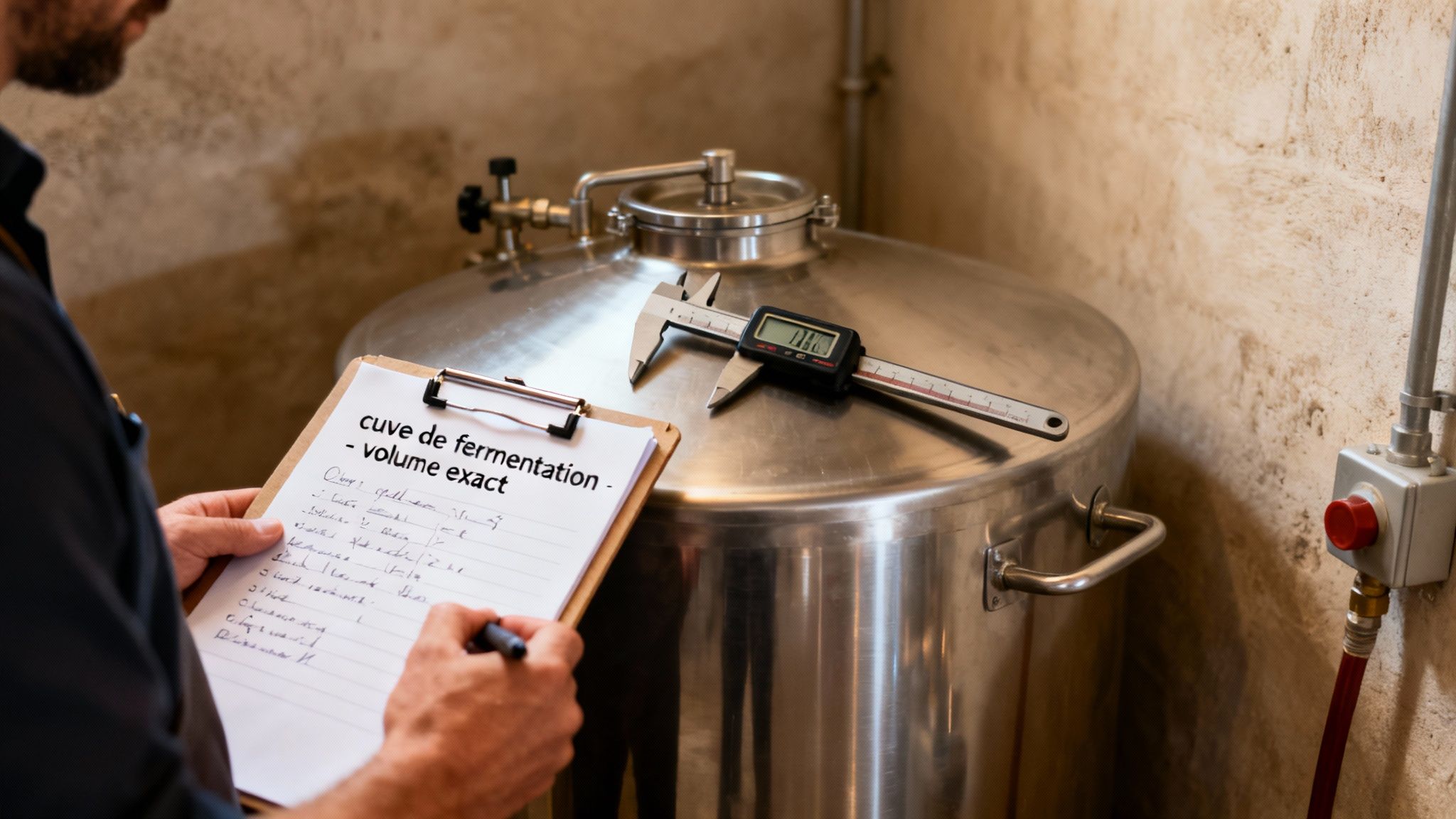 Homme mesurant le volume exact d'une cuve de fermentation avec un pied à coulisse numérique et notant les données.