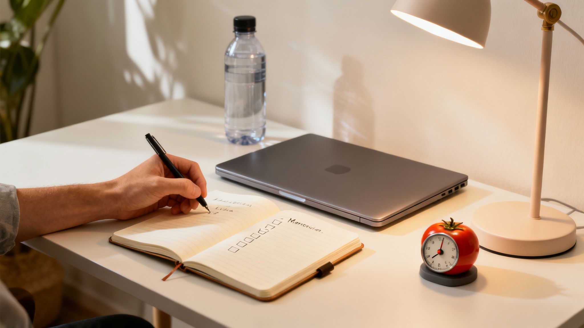 Une personne organisant son espace de travail pour l'apprentissage en ligne