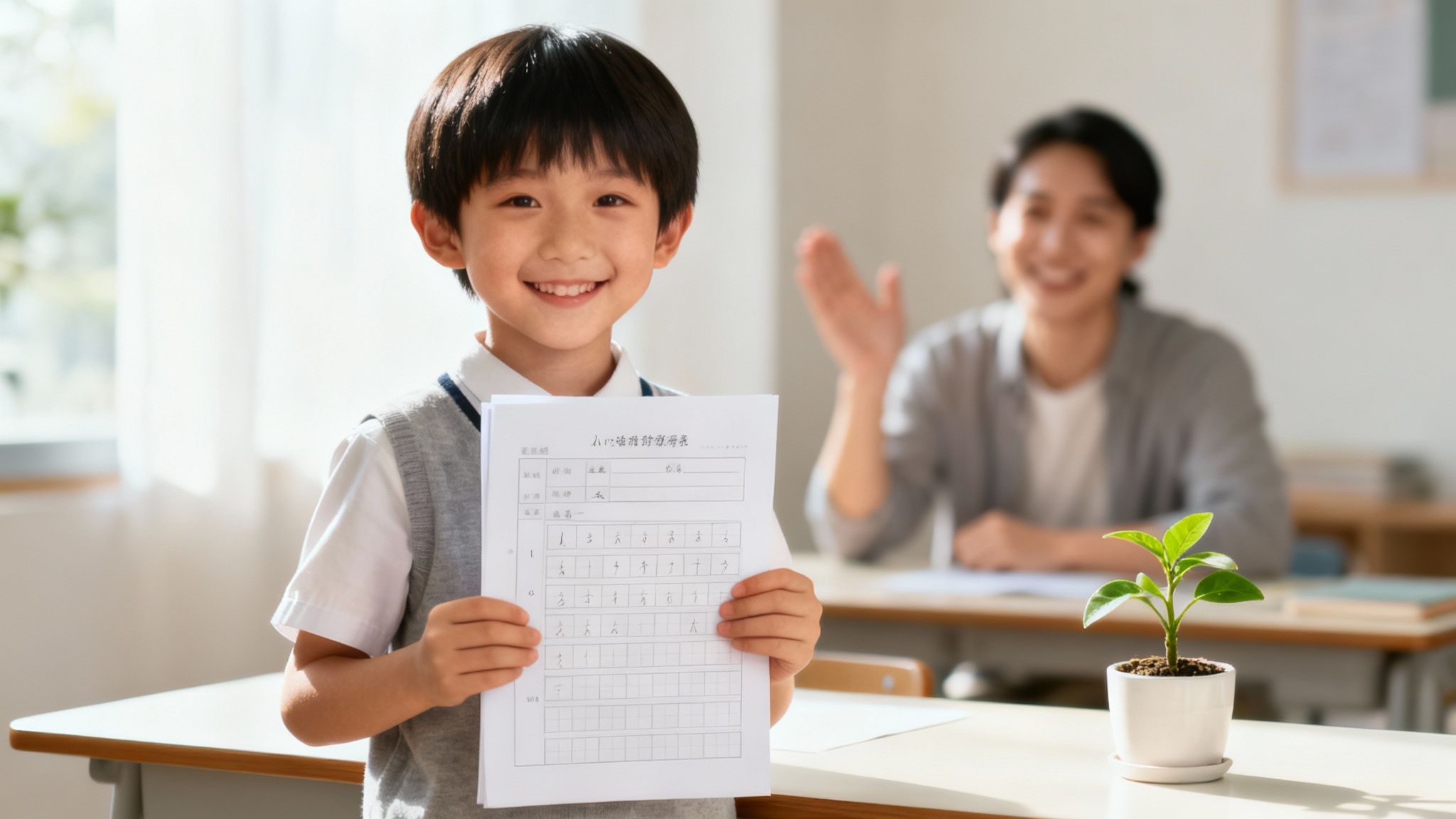 Jeune garçon souriant montrant fièrement son devoir de français devant sa mère à la maison