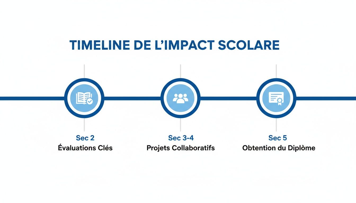 Chronologie de l'impact scolaire illustrant les étapes clés : évaluations, projets collaboratifs et obtention du diplôme.