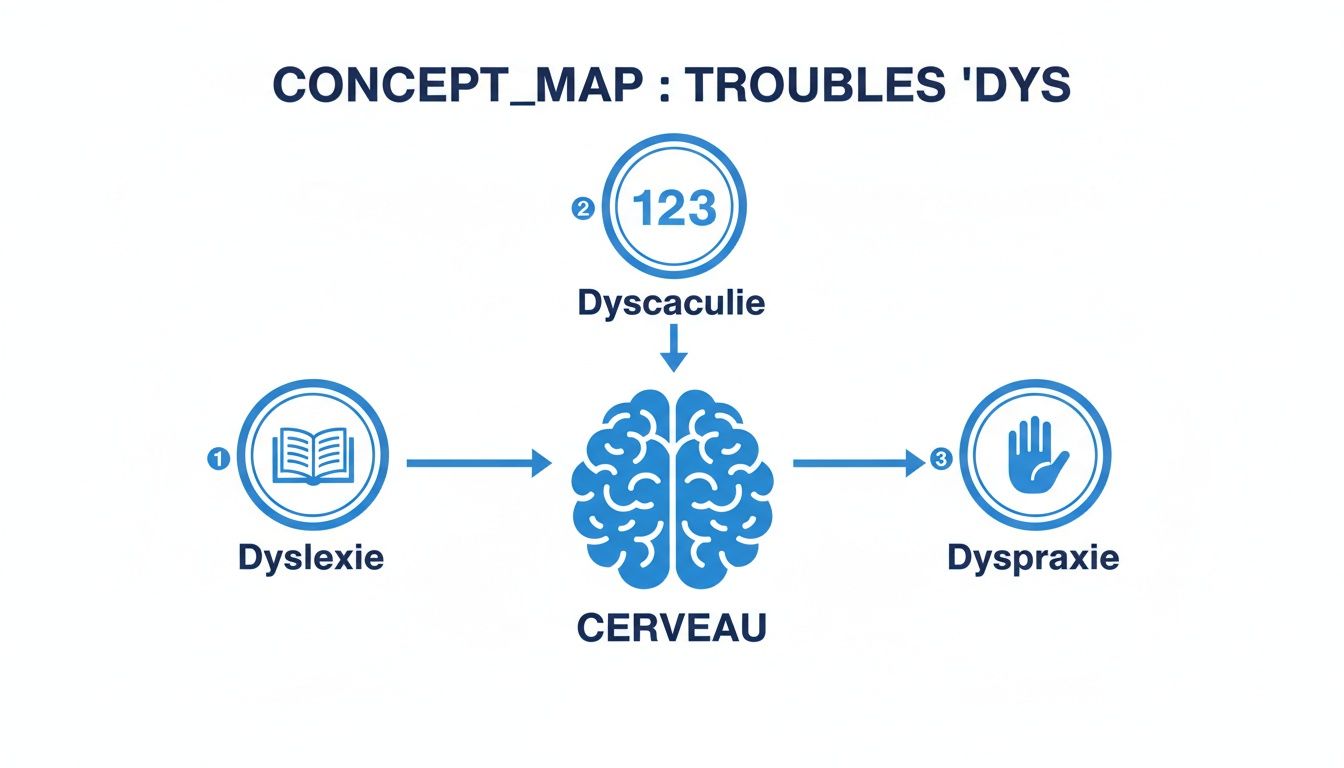 Carte conceptuelle des troubles 'DYS' : dyslexie, dyscalculie et dyspraxie, et leur lien avec le cerveau.