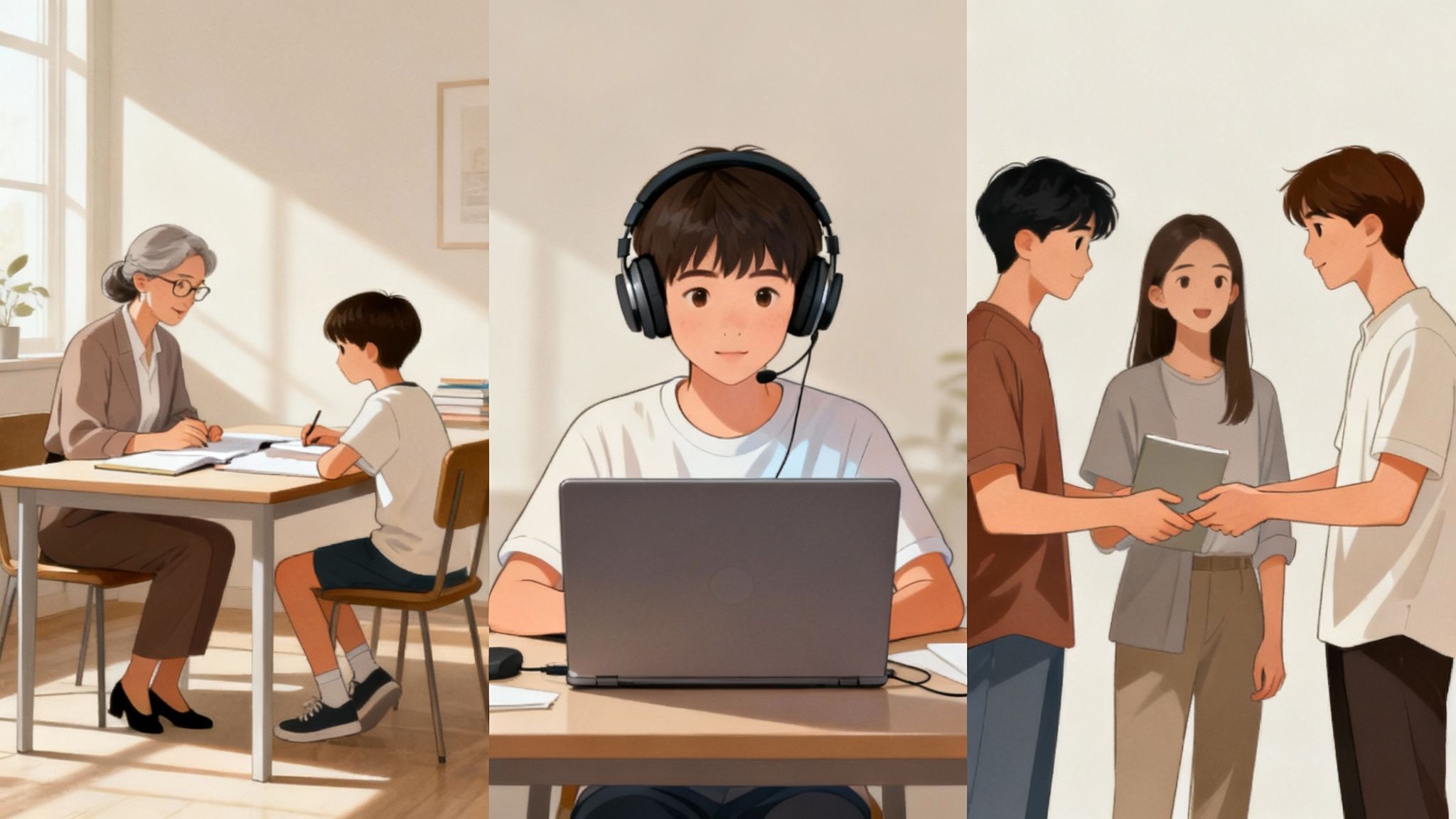 Une jeune femme souriante portant un casque d'écoute, assise à un bureau avec un ordinateur portable, participant à une session de tutorat en ligne.