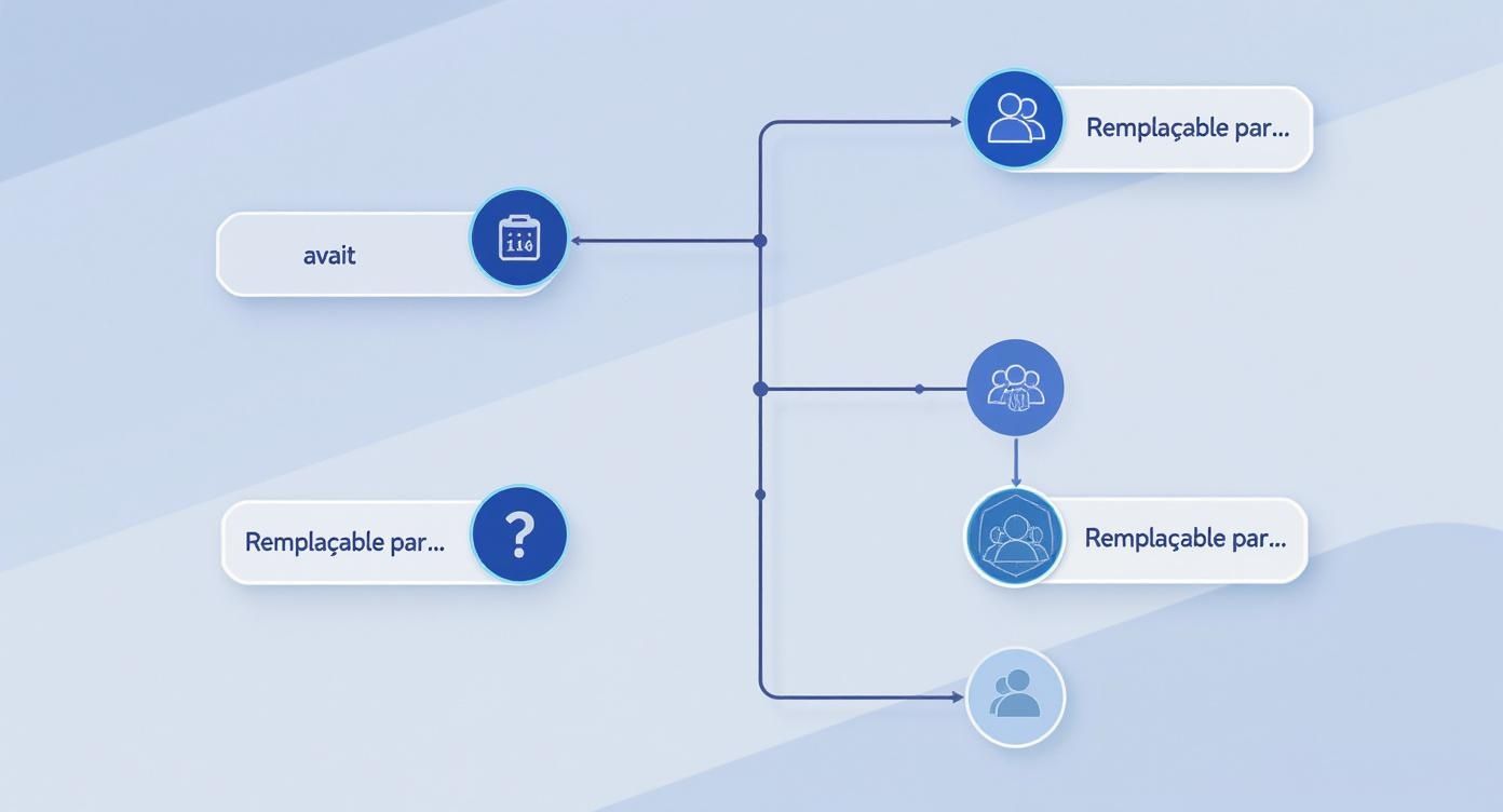Diagramme illustrant des liens entre le mot 'avait', des icônes de personnes et la phrase 'Remplaçable par...'.